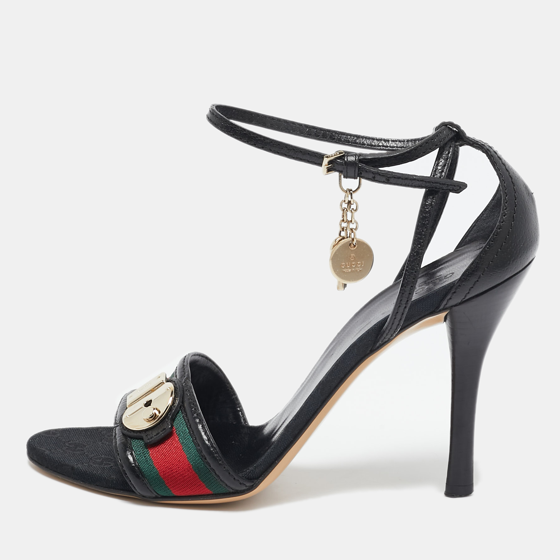 

Gucci Black Leather And Web Ankle Strap Sandals Size