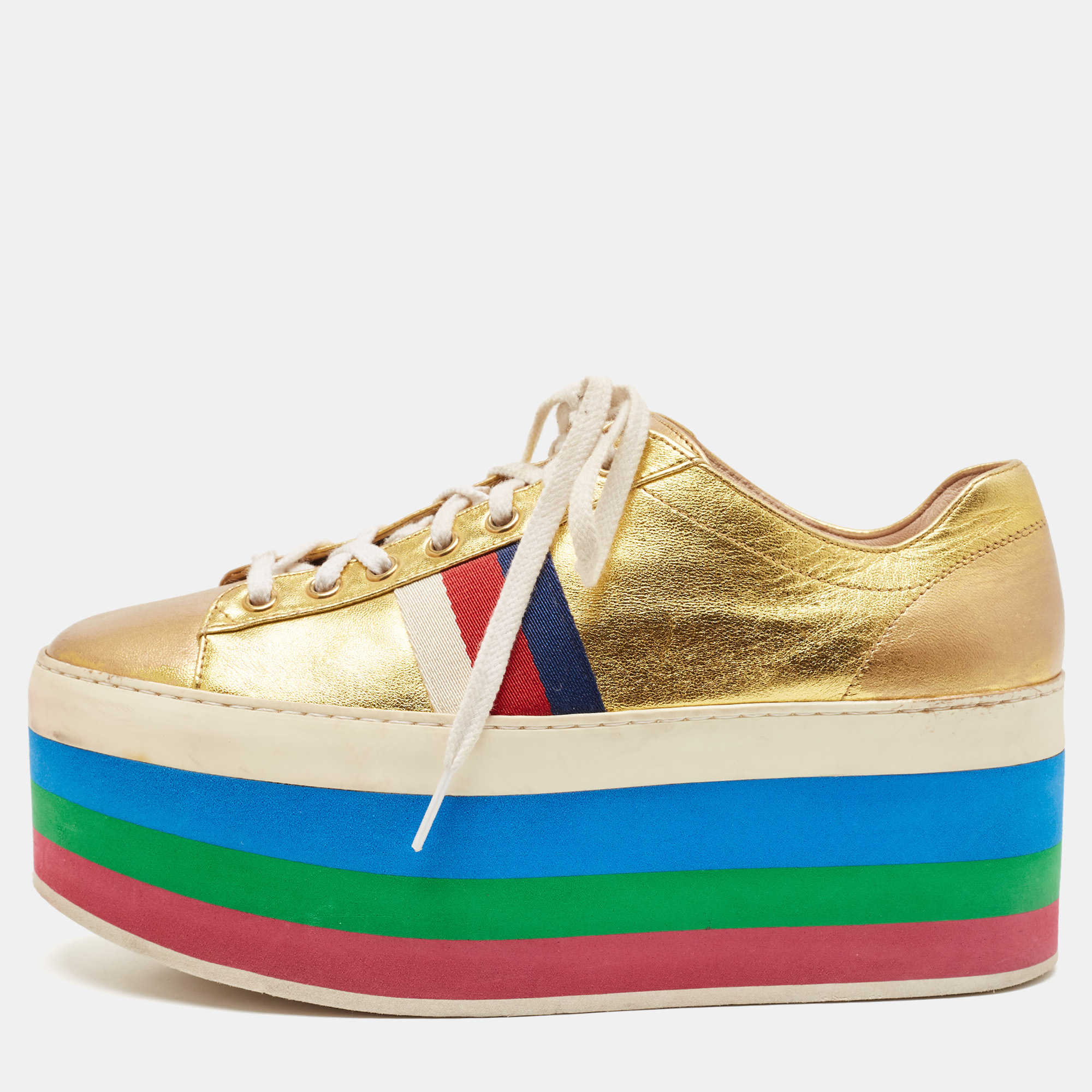 

Gucci Metallic Gold Leather Peggy Sneakers Size