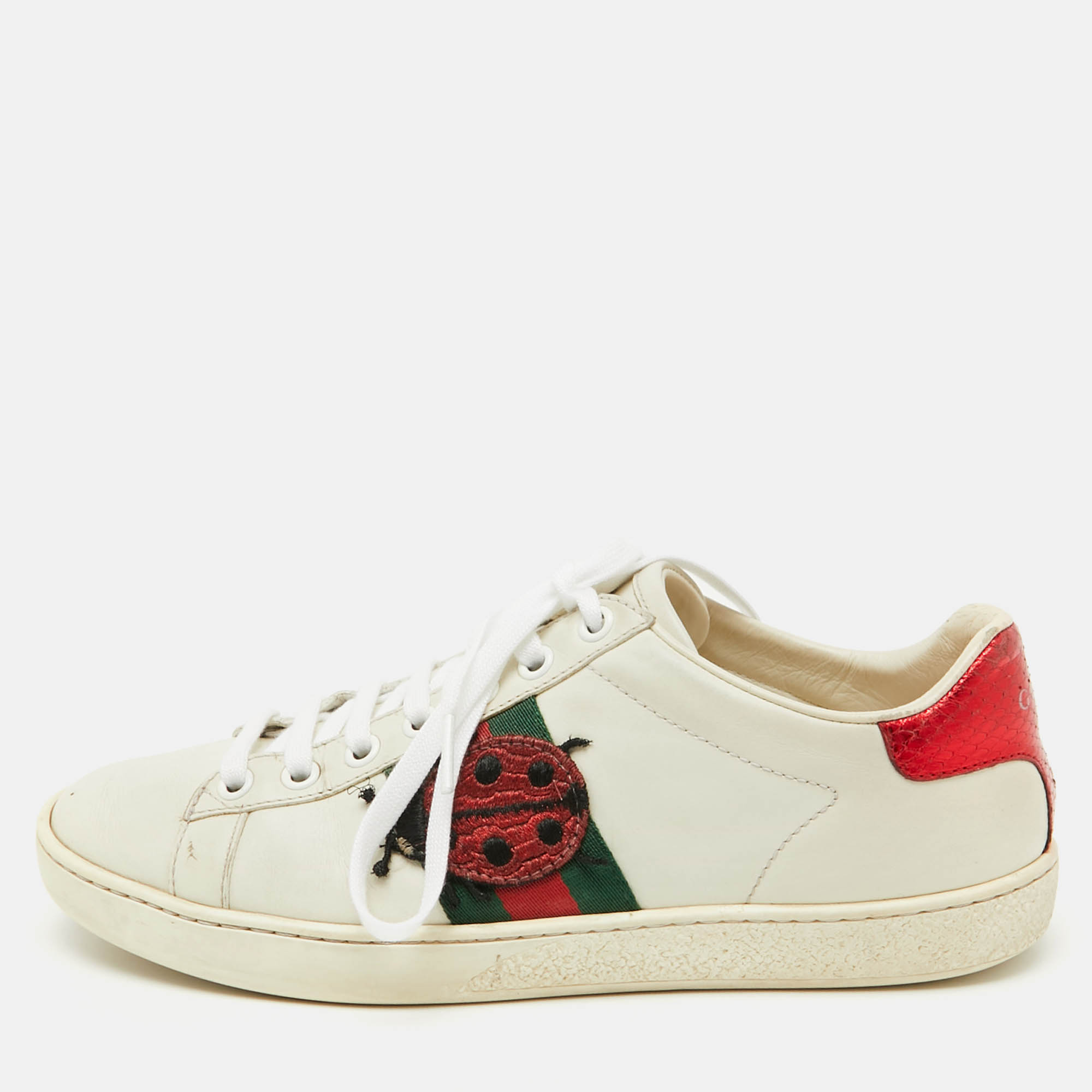 

Gucci White/Red Leather and Snake Embossed Leather Ace Pineapple Sneakers Size