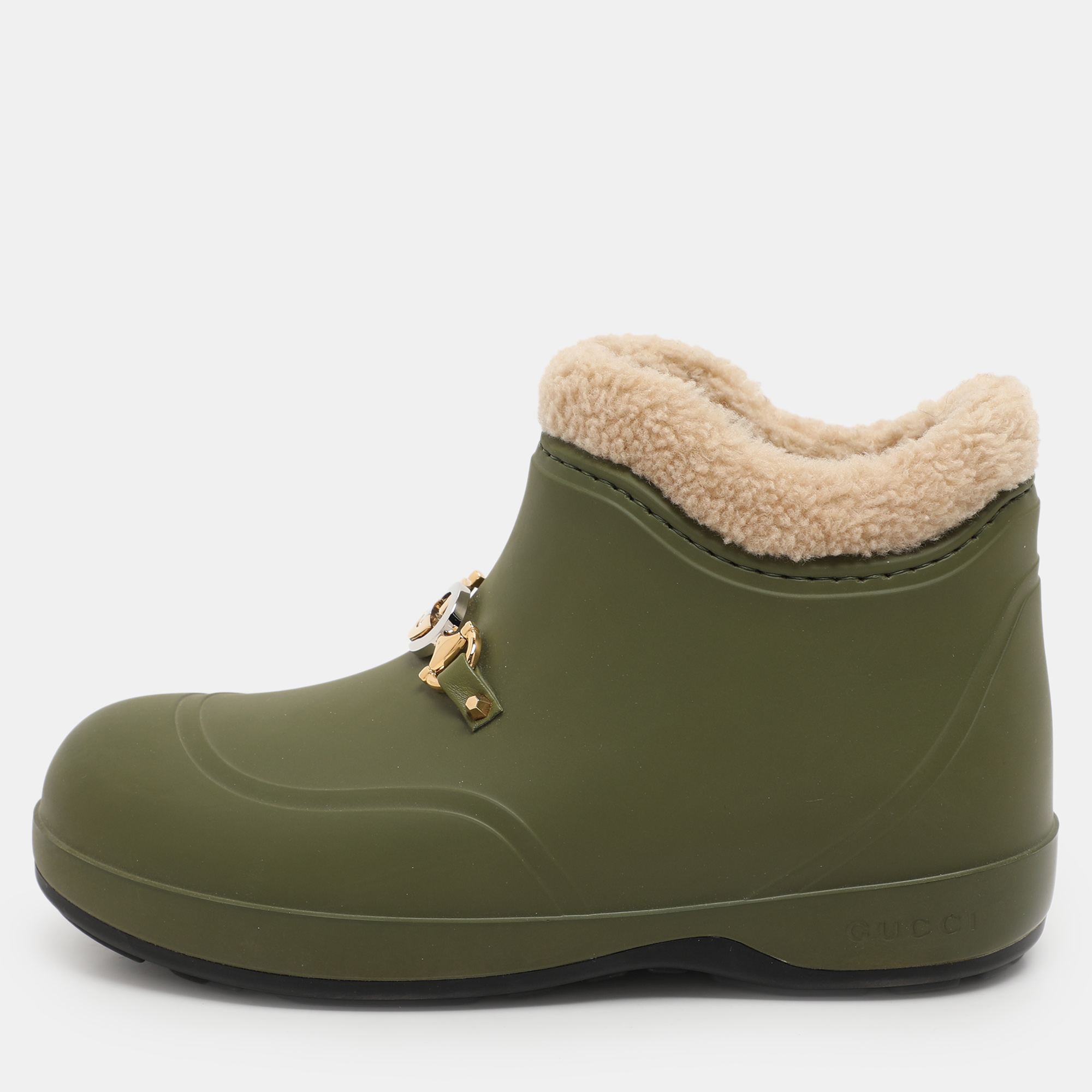 

Gucci Green Rubber and Shearling Horsebit Snow Boots Size 37