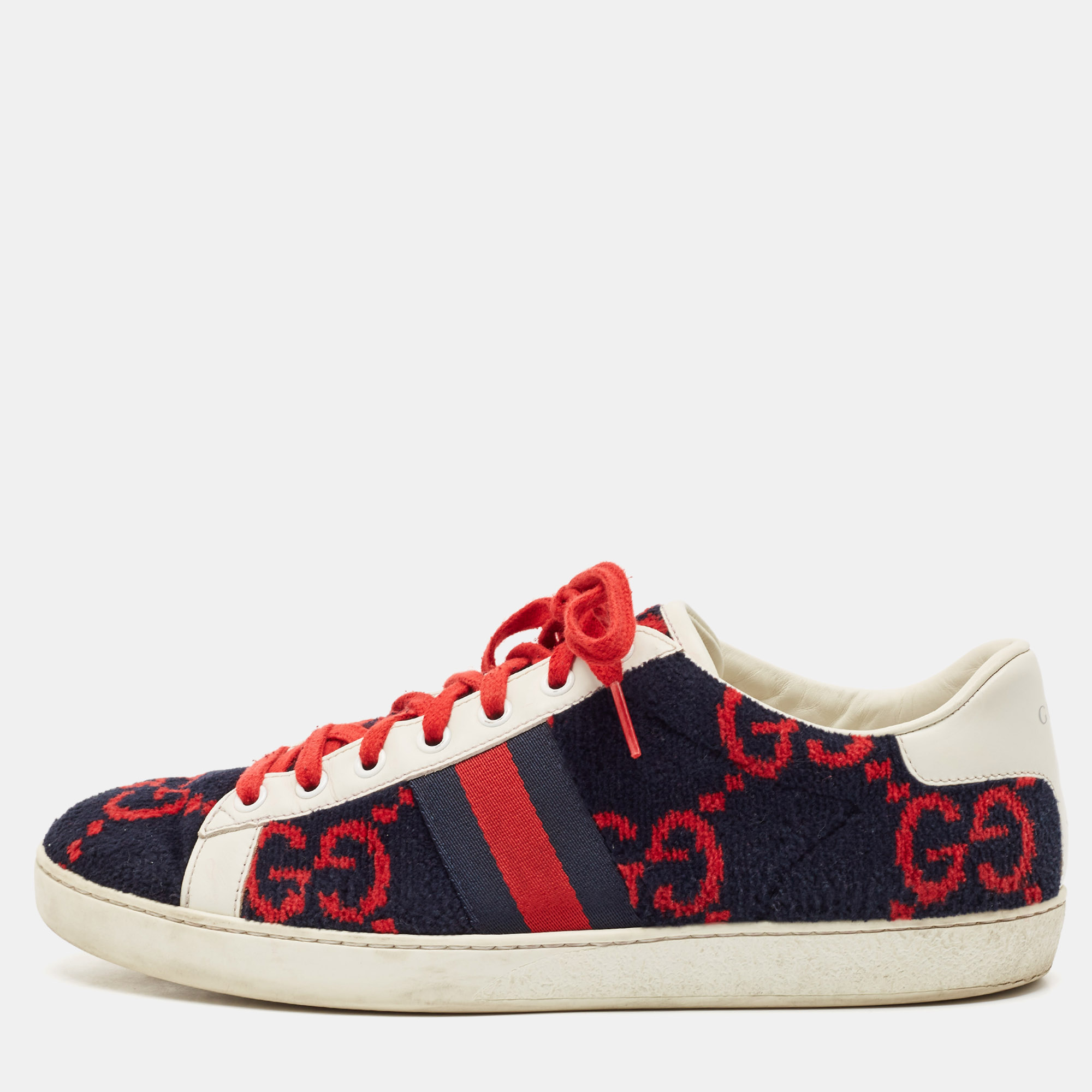 

Gucci Navy Blue/White Leather and Velvet GG Ace Lace Up Sneakers Size