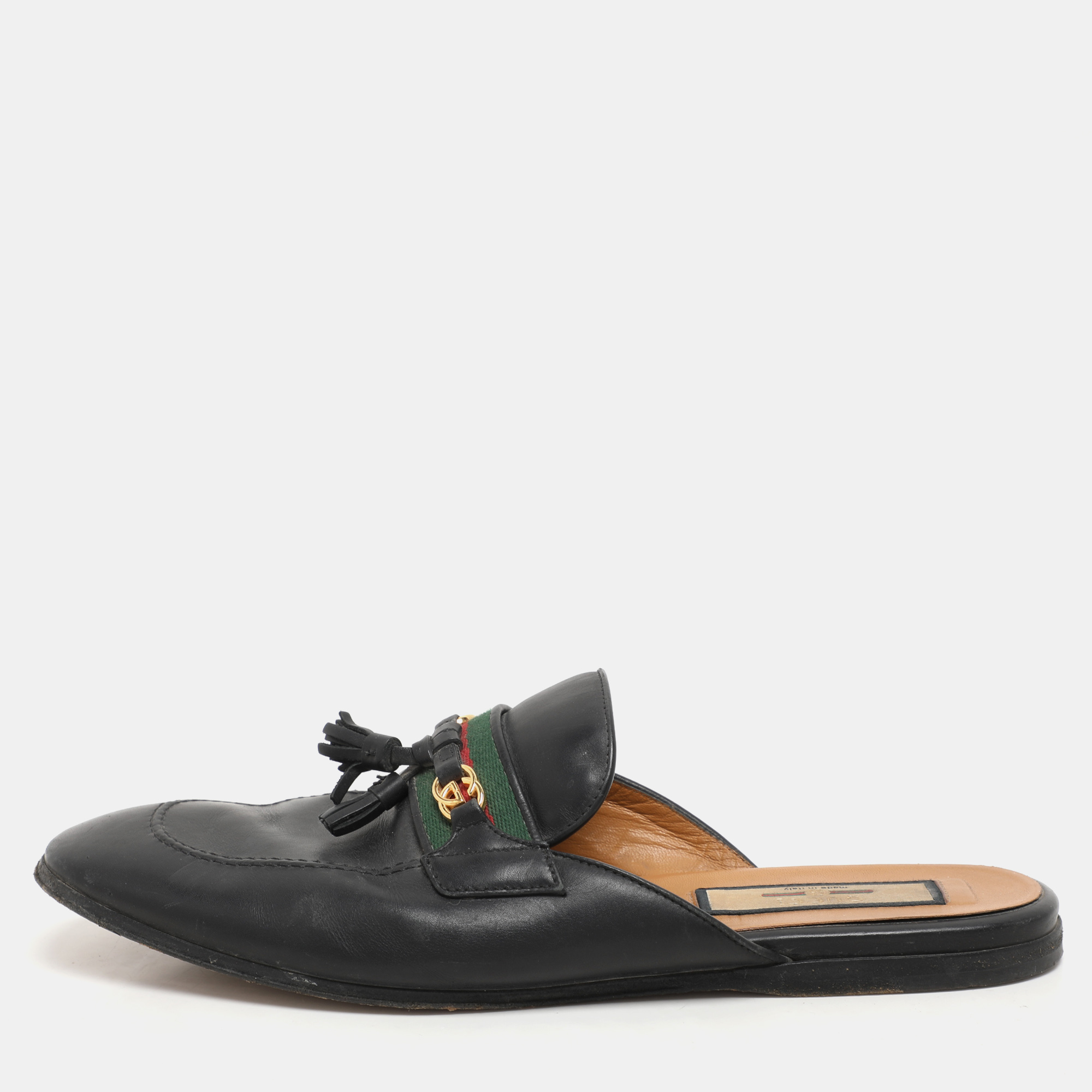 

Gucci Black Leather Tassel Web Princetown Horsebit Flat Mules Size 40.5