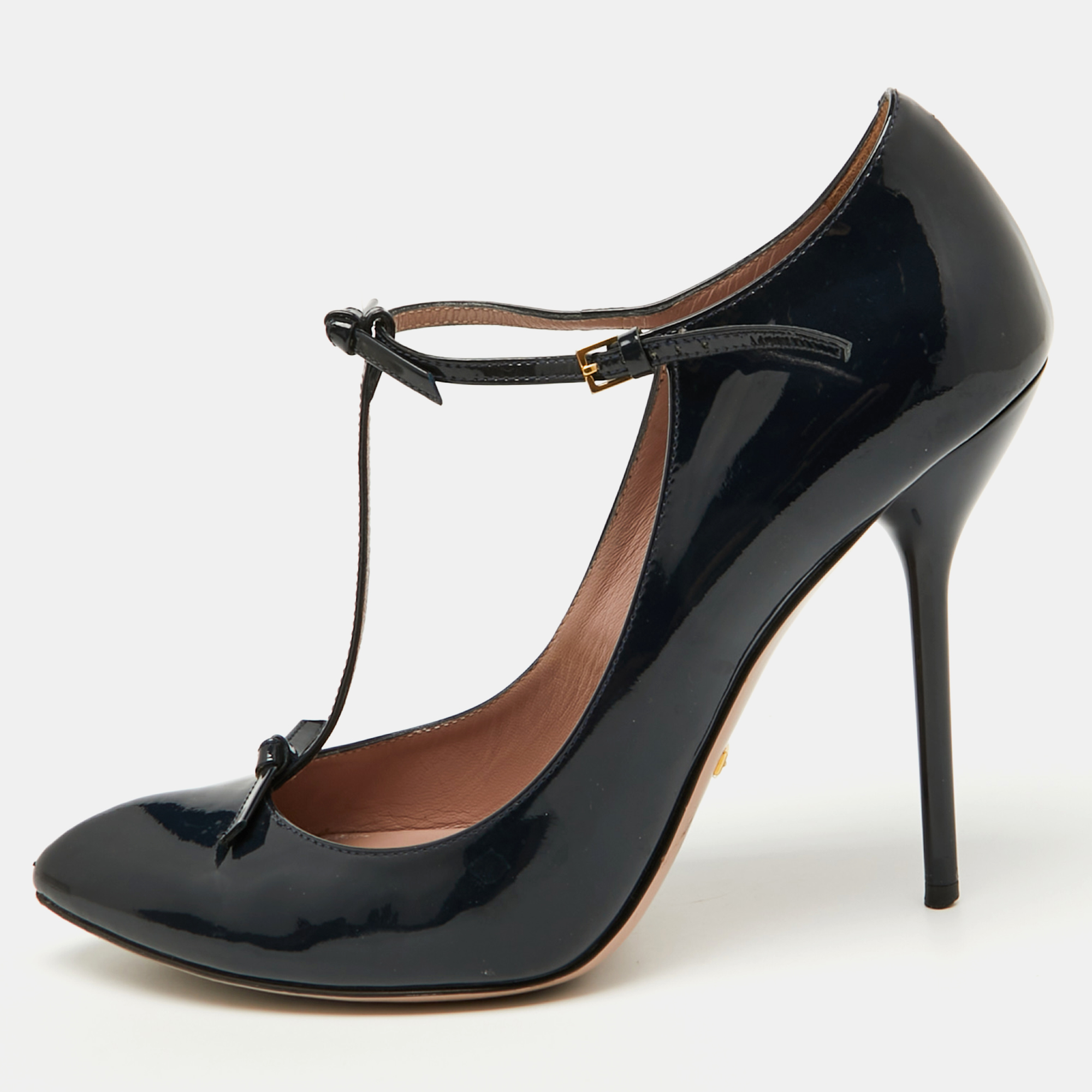 

Gucci Navy Blue Patent Leather Beverly T-Strap Bow Pumps Size