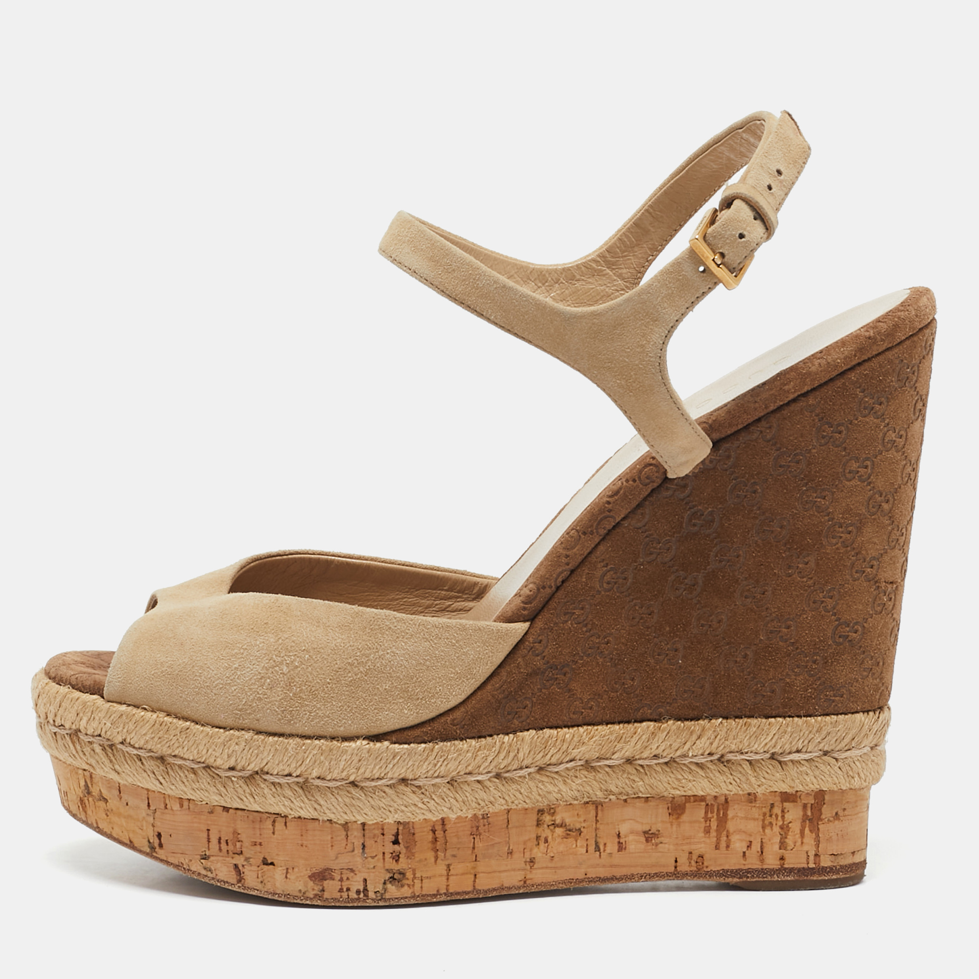 

Gucci Beige/Brown Suede Wedge Platform Ankle Strap Sandals Size