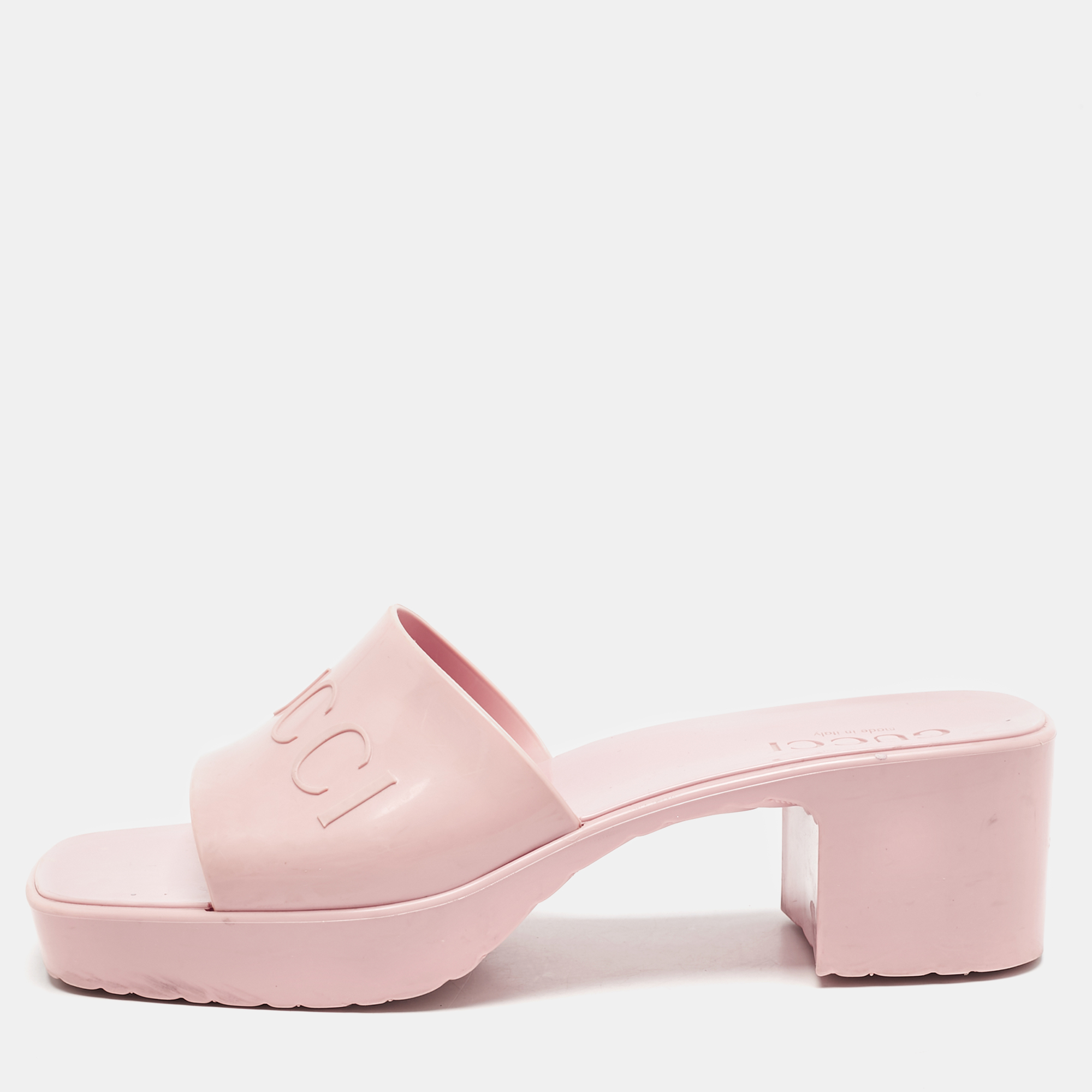 

Gucci Pink Rubber Embossed Logo Slide Sandals Size