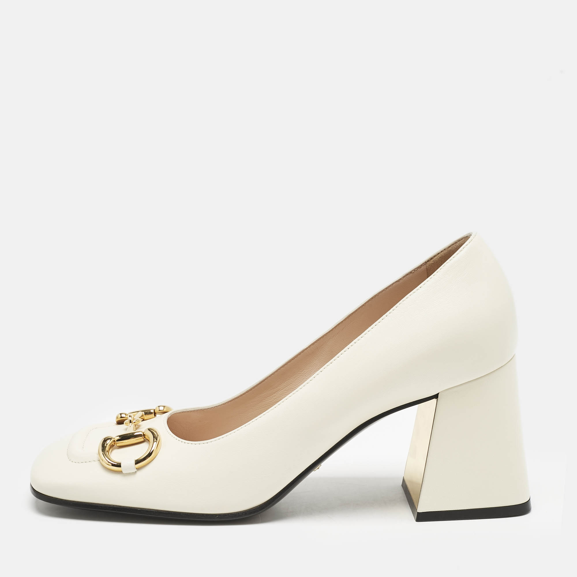 

Gucci White Leather Horsebit Block Heel Pumps Size