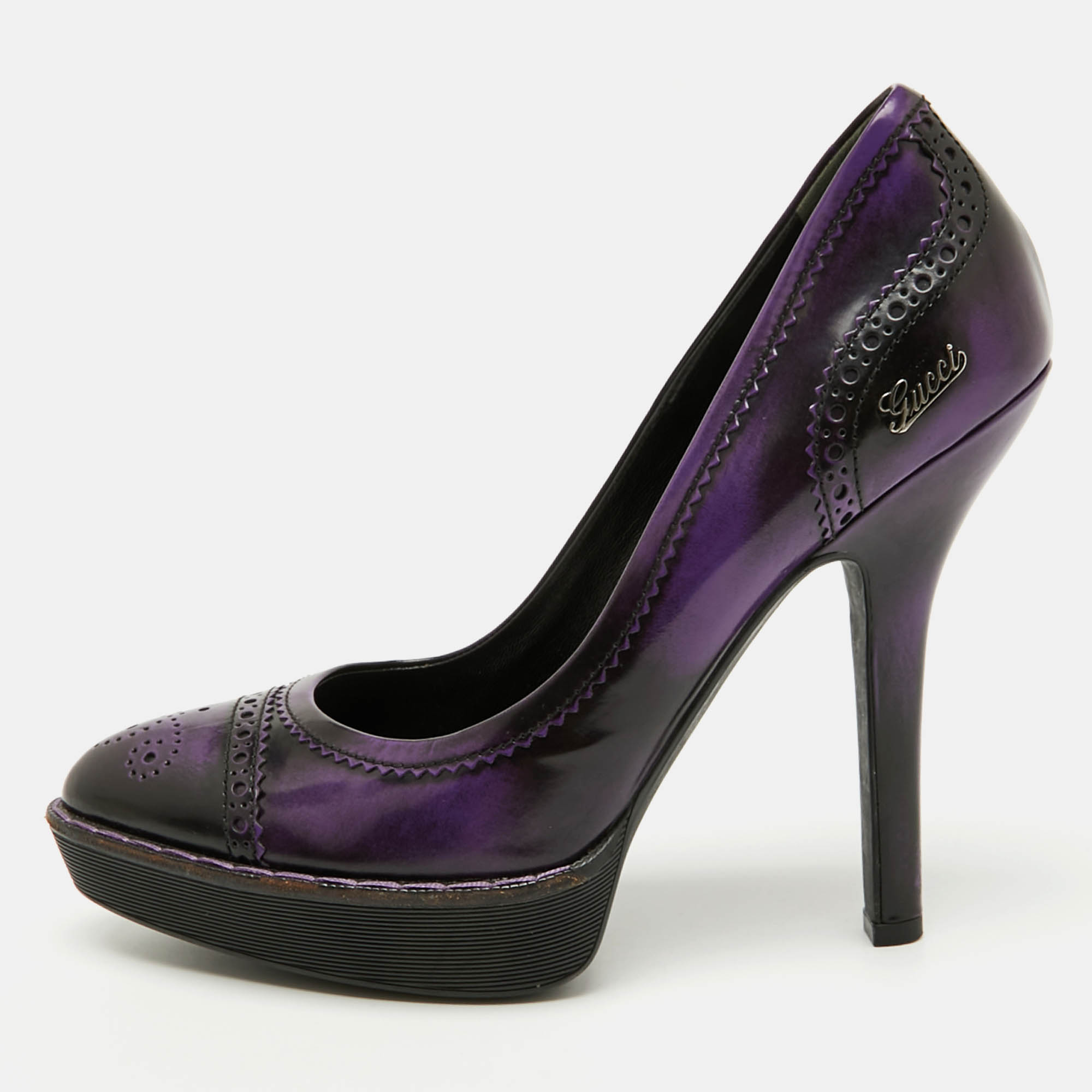 

Gucci Purple/Black Leather Brogue Cap Toe Platform Pumps Size