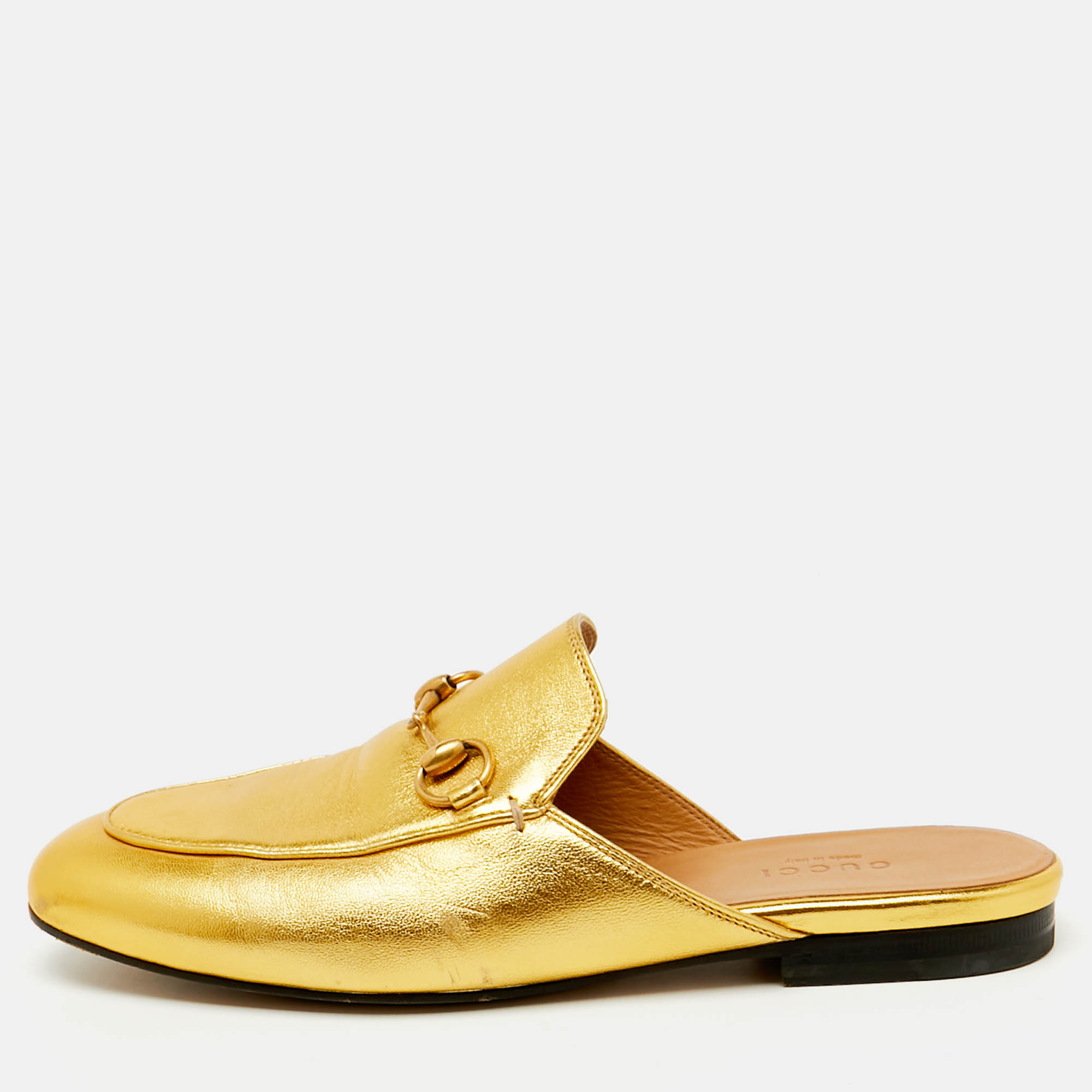 

Gucci Gold Leather Horsebit Princetown Flat Mules Size