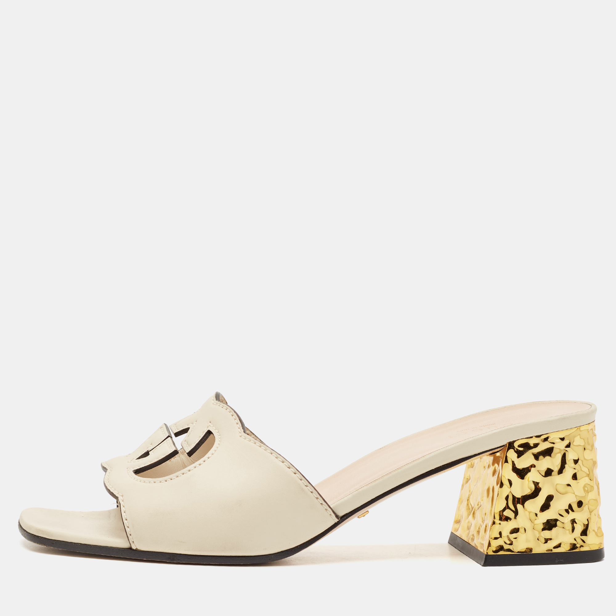 

Gucci Cream Leather Cut Out Interlocking G Slide Sandals Size