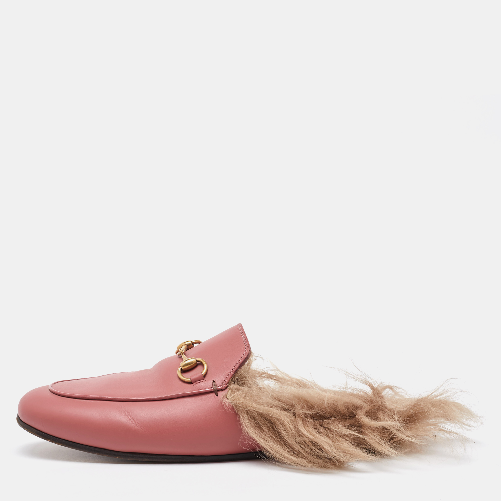 

Gucci Pink Leather Horsebit Princetown Fur Flat Mules Size