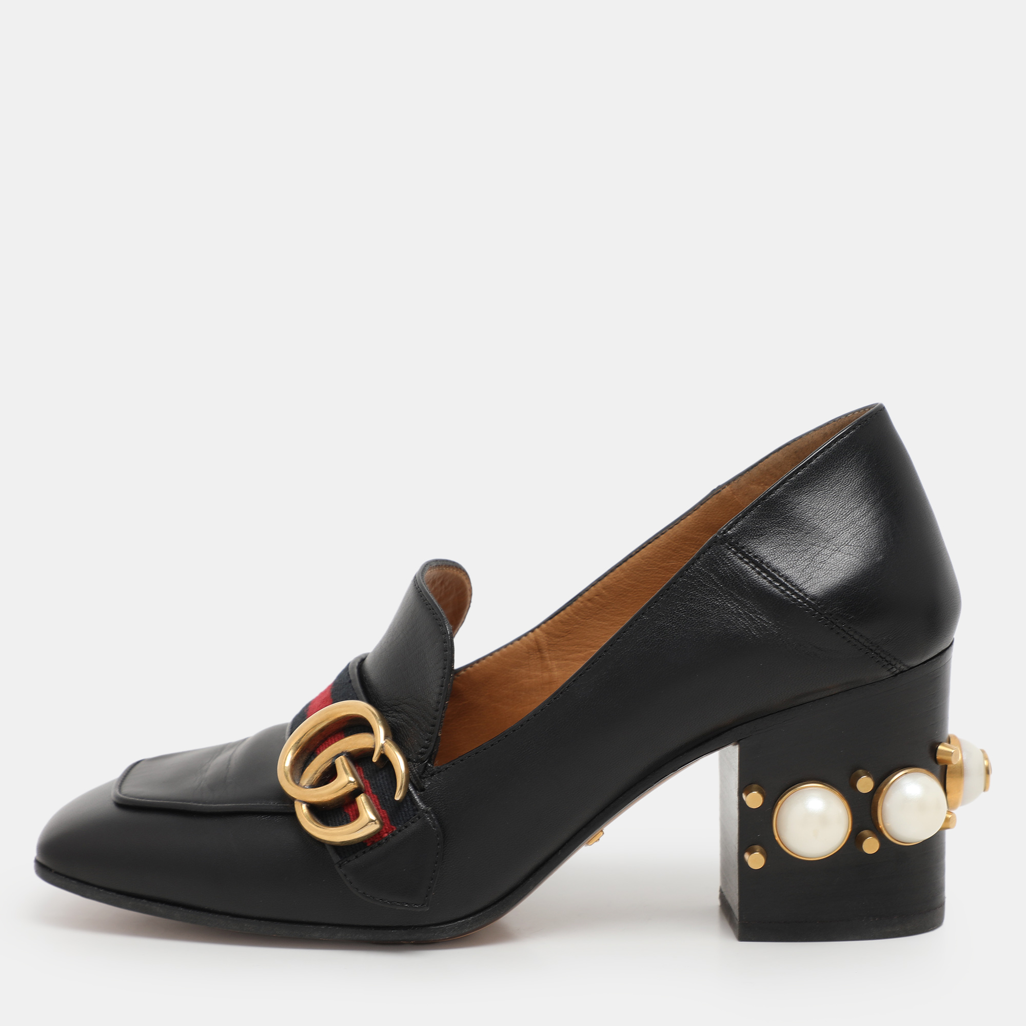 

Gucci Black Leather GG Marmont Embellished Pumps Size