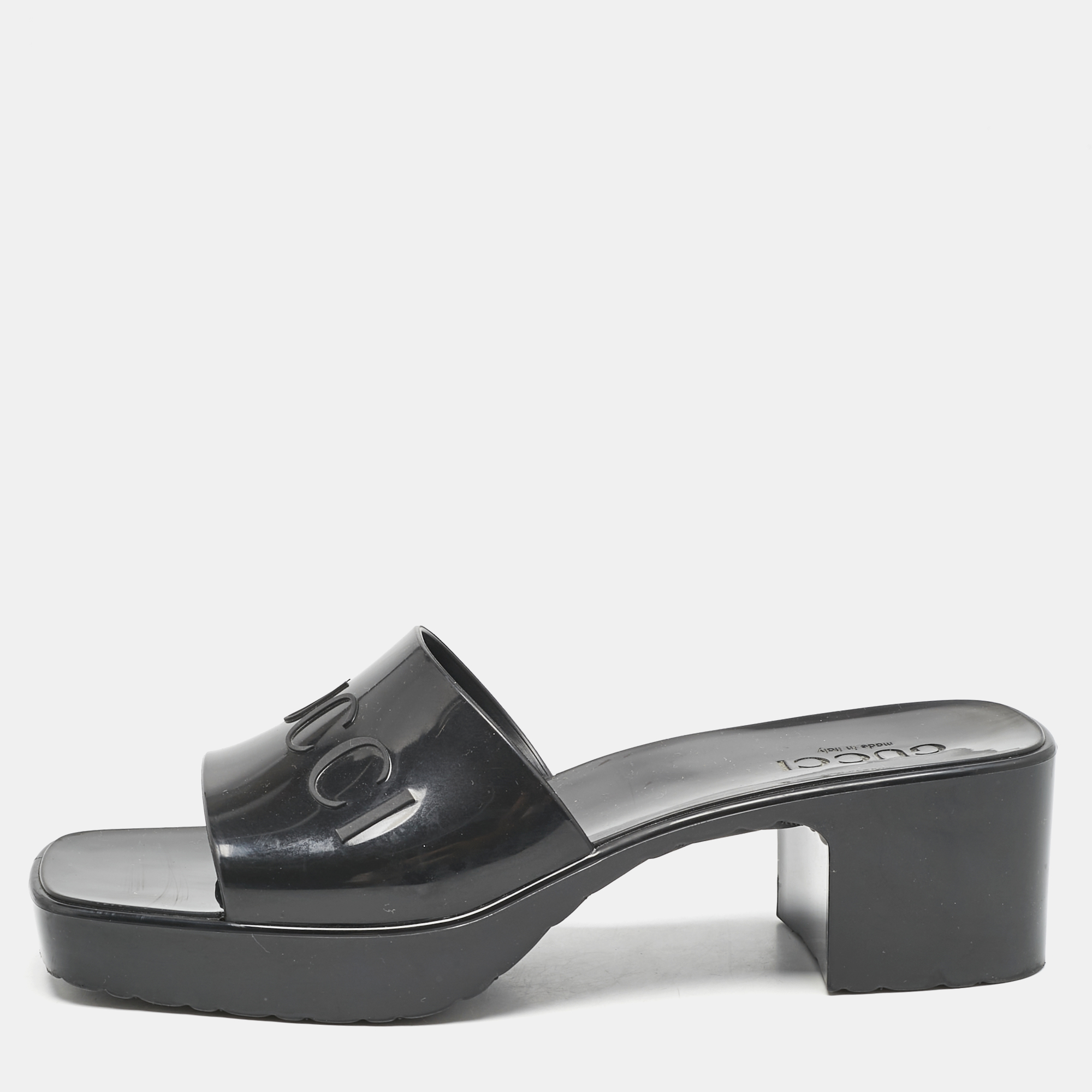 

Gucci Black Rubber Logo Embossed Platform Slide Sandals Size