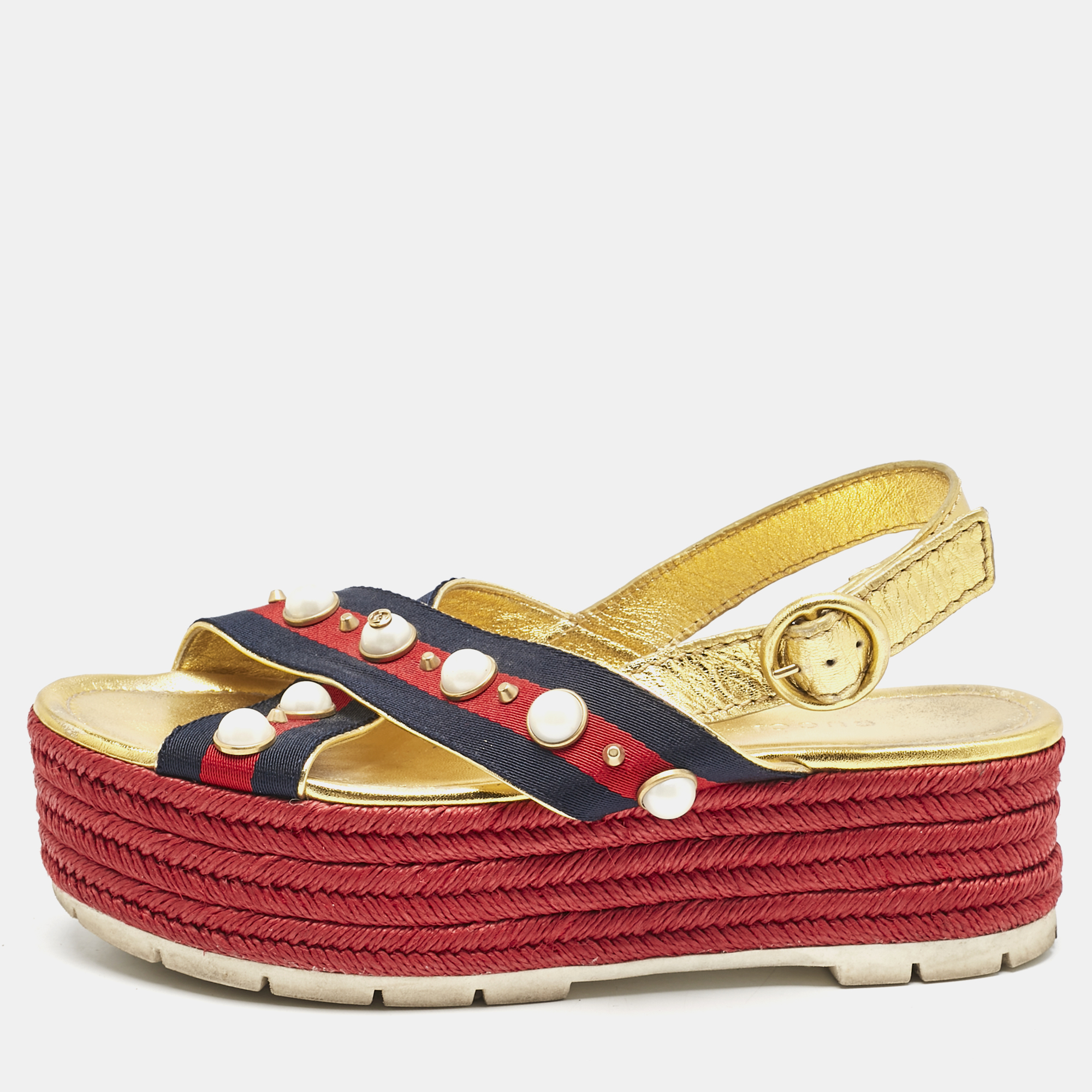 

Gucci Multicolor Leather And Canvas Web Studded Platform Sandals Size