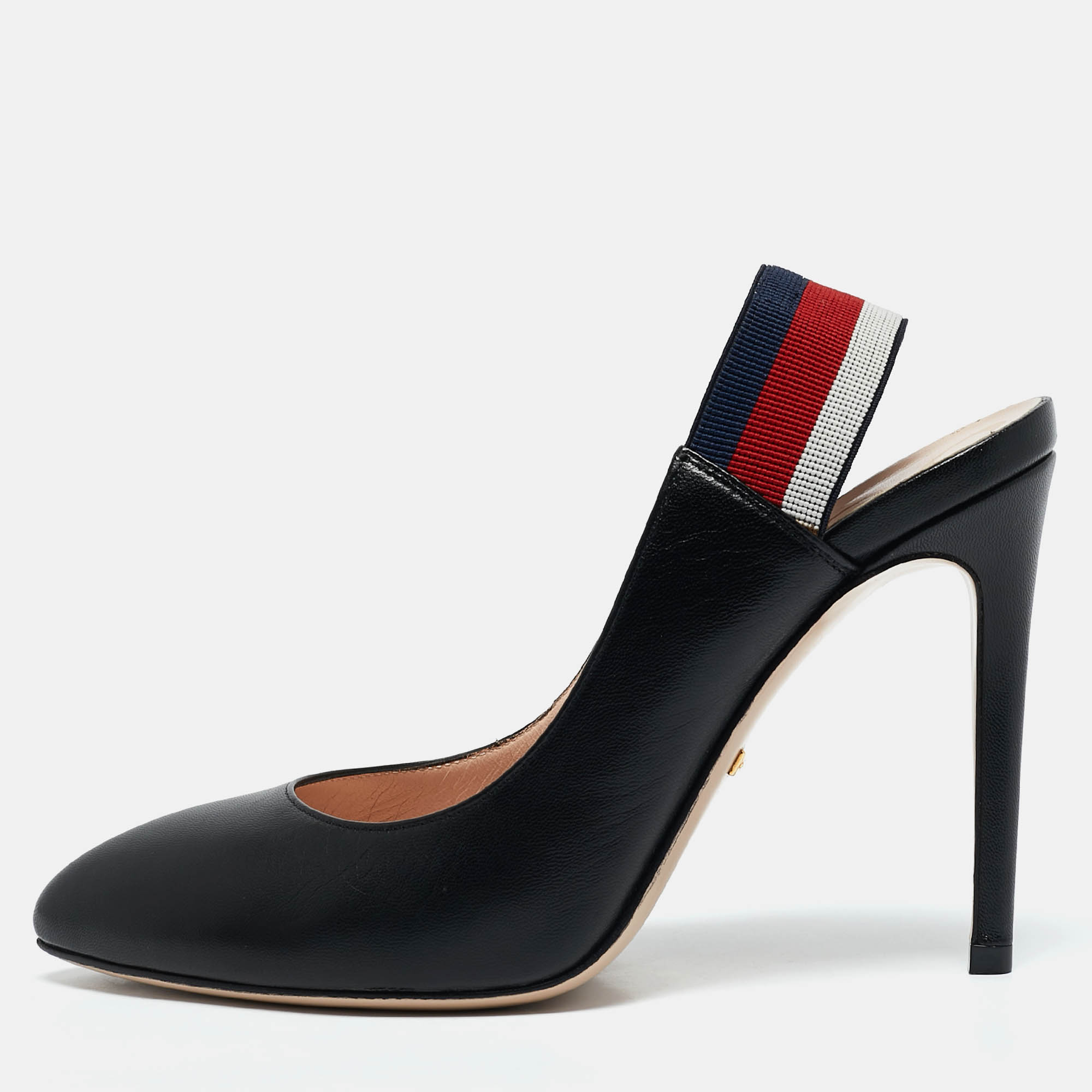 

Gucci Black Leather Sylvie Web Detail Slingback Pumps Size