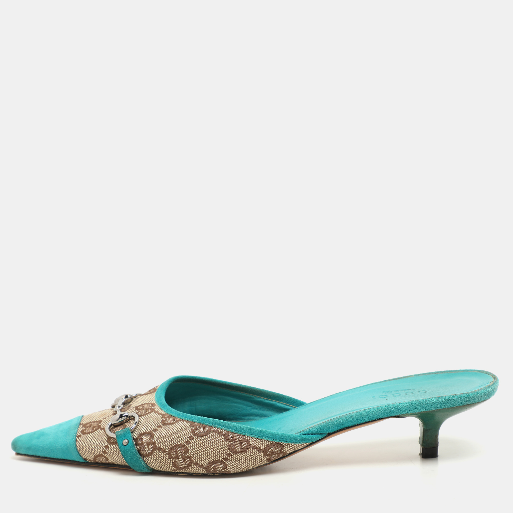 

Gucci Blue/Beige GG Canvas and Suede Horsebit Mules Size