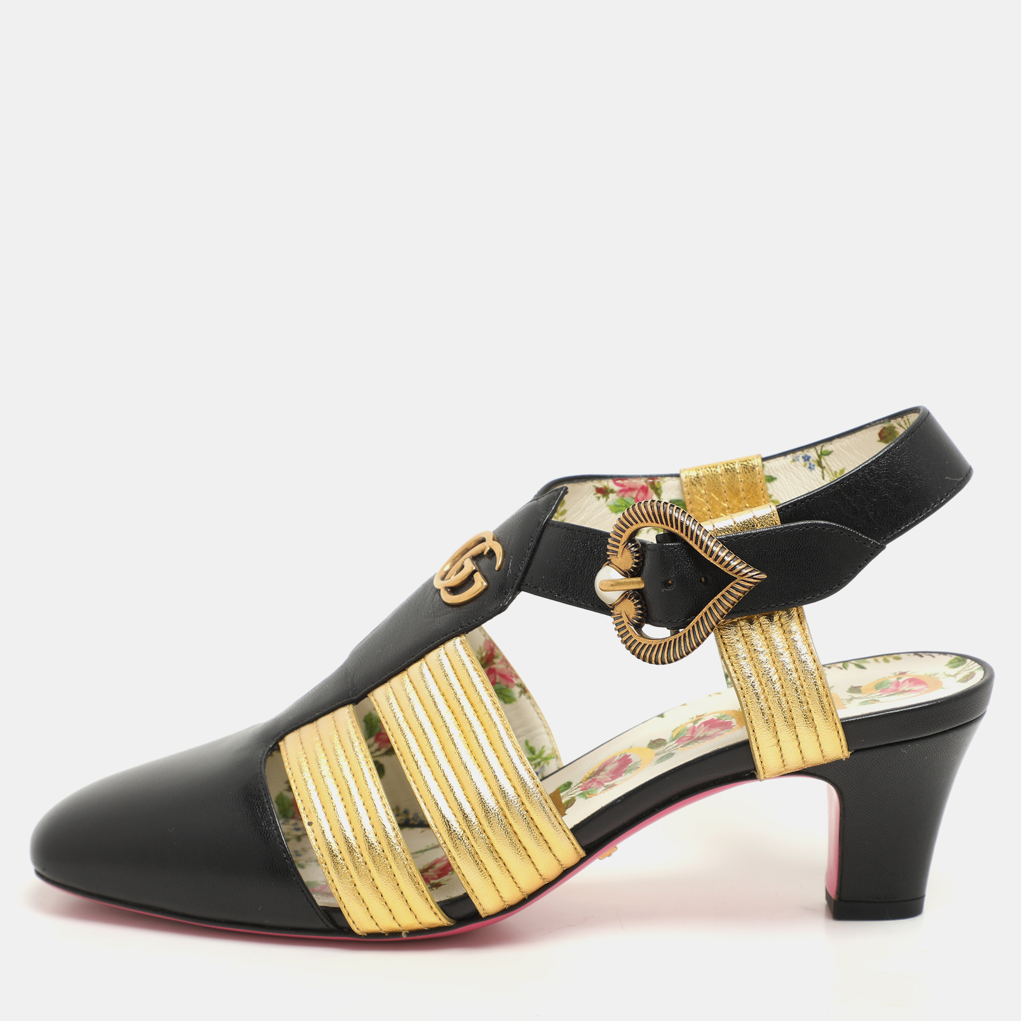 

Gucci Black/Gold Leather Gea Embellished Pumps Size