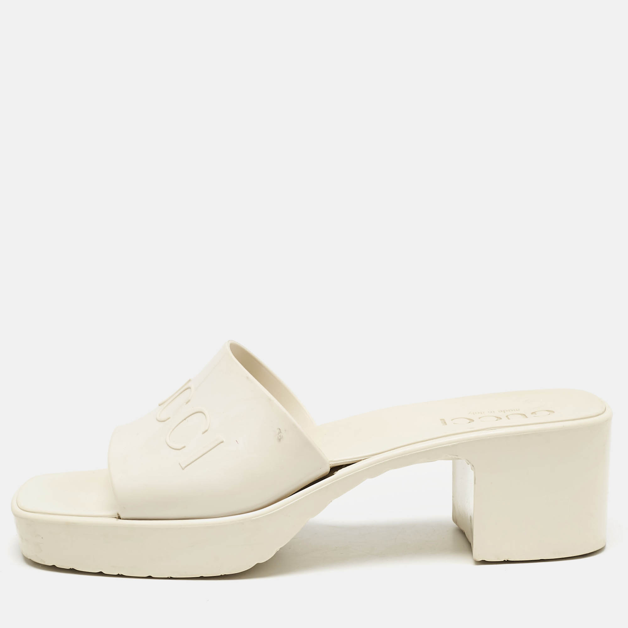 

Gucci White Rubber Block Heel Slide Sandals Size