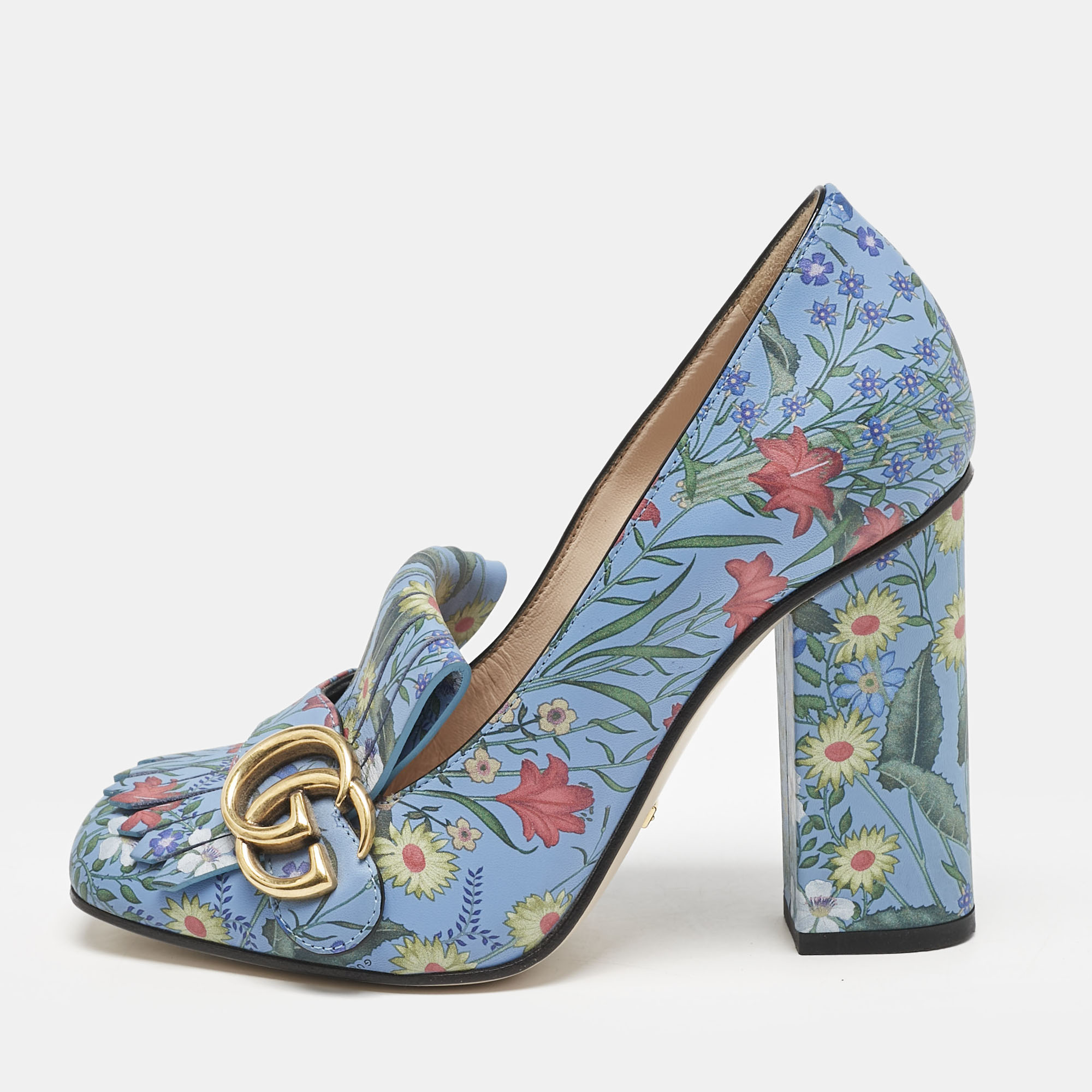 

Gucci Blue Floral Print Leather GG Marmont Fringe Pumps Size