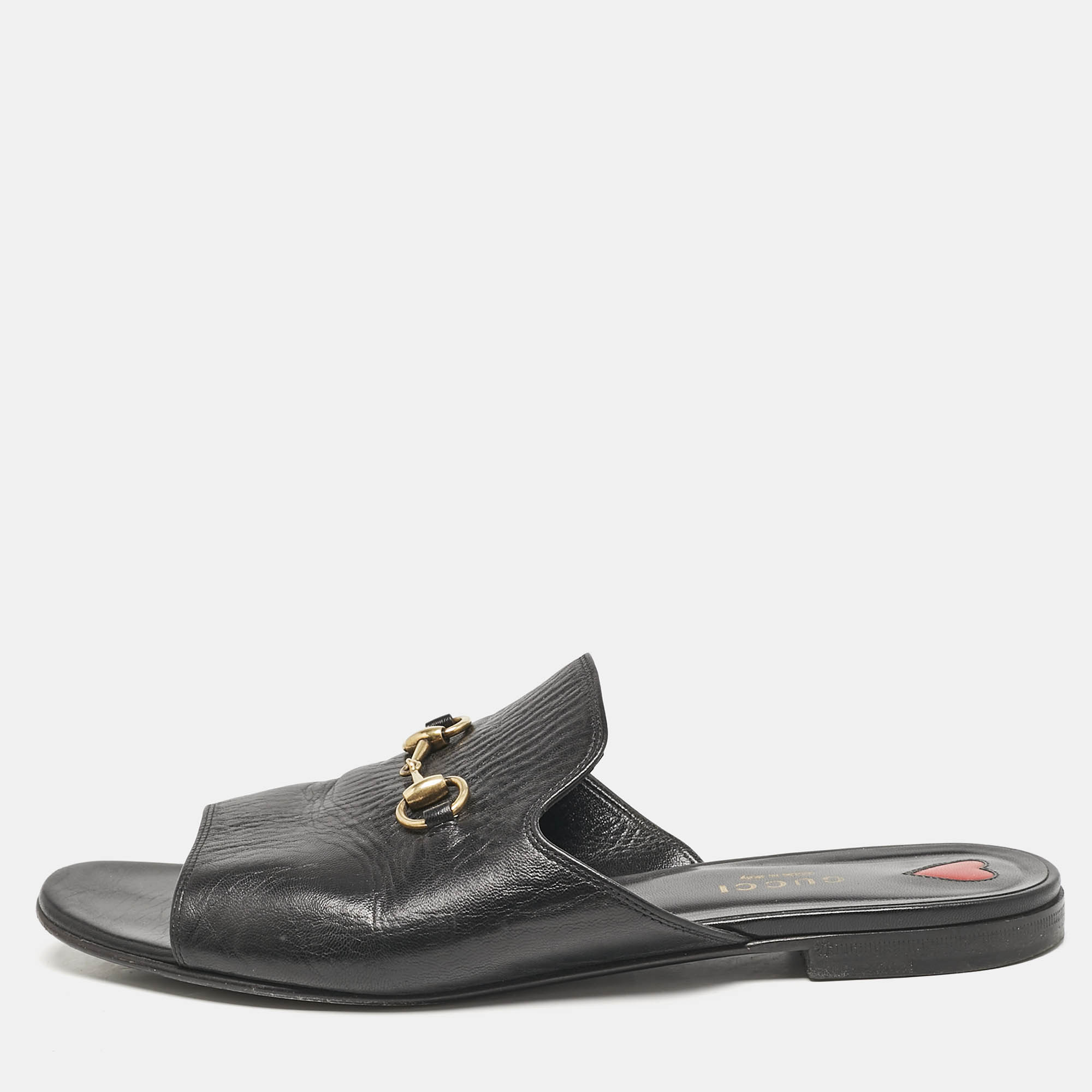 

Gucci Black Leather Malaga Horsebit Flat Slide Sandals Size