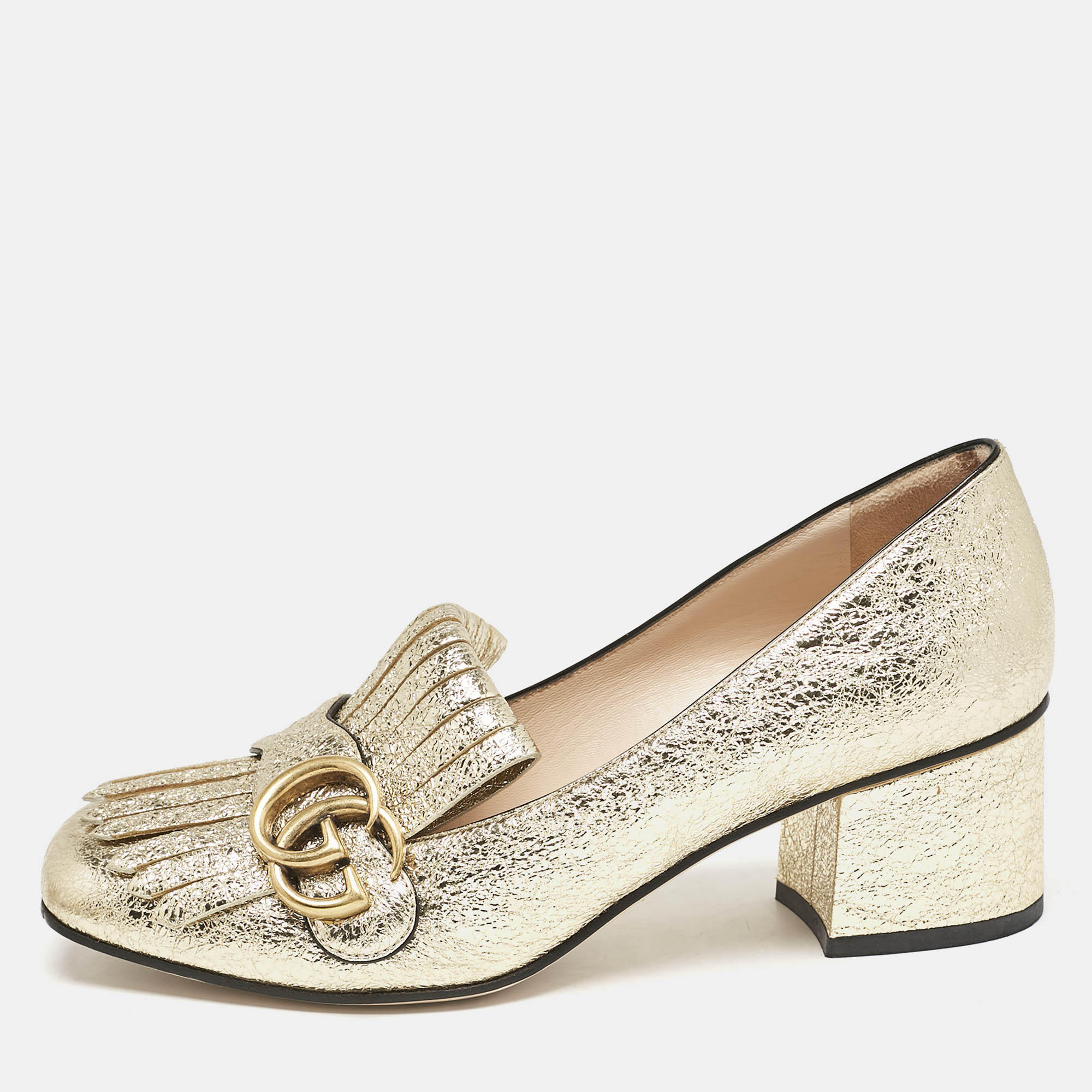

Gucci Metallic Gold Foil Leather GG Marmont Fringe Pumps Size