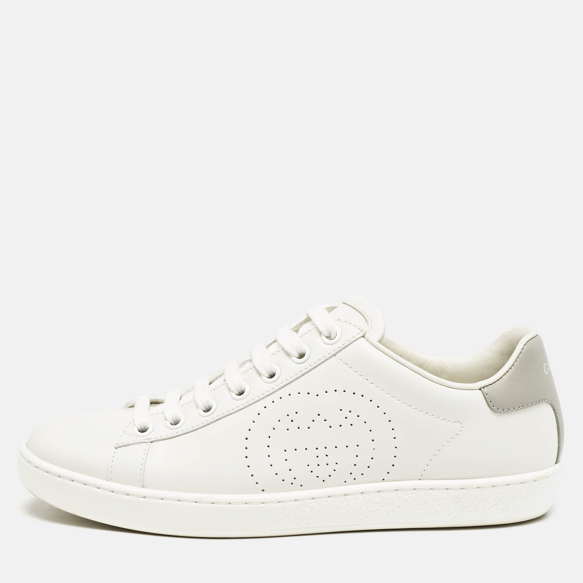 

Gucci White/Grey Leather Perforated Interlocking G Ace Sneakers Size