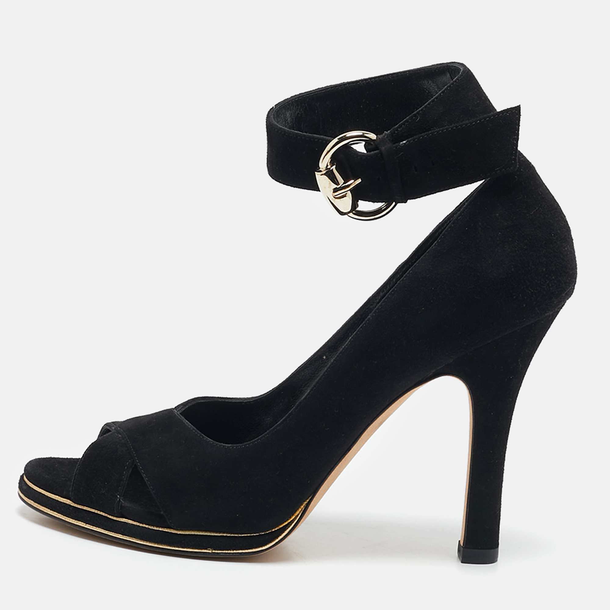 

Gucci Black Suede Peep Toe Ankle Strap Pumps Size