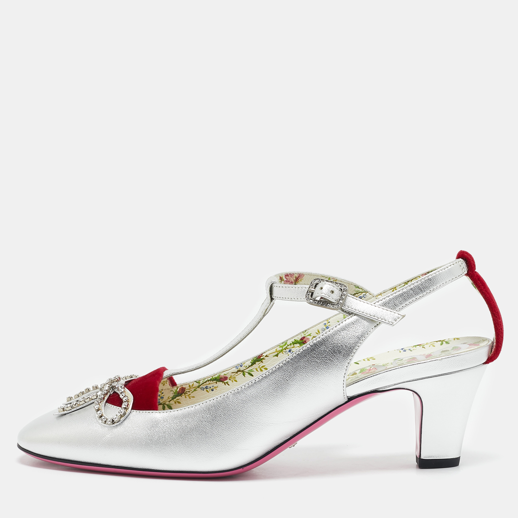 

Gucci Silver/Red Leather and Velvet Anita Pumps Size