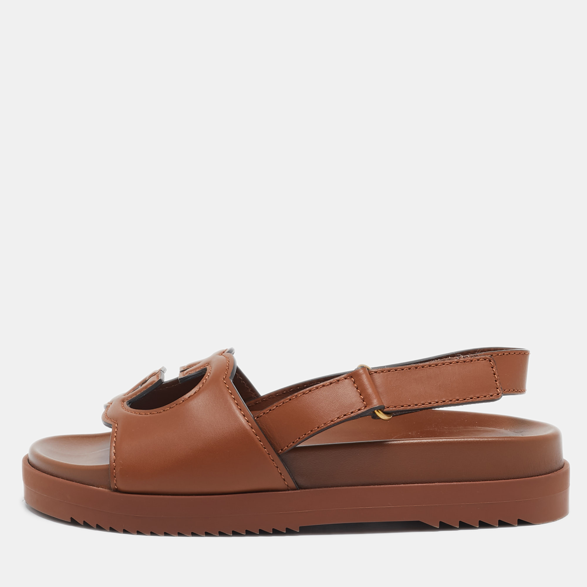 

Gucci Brown Leather Interlocking G Flat Sandals Size