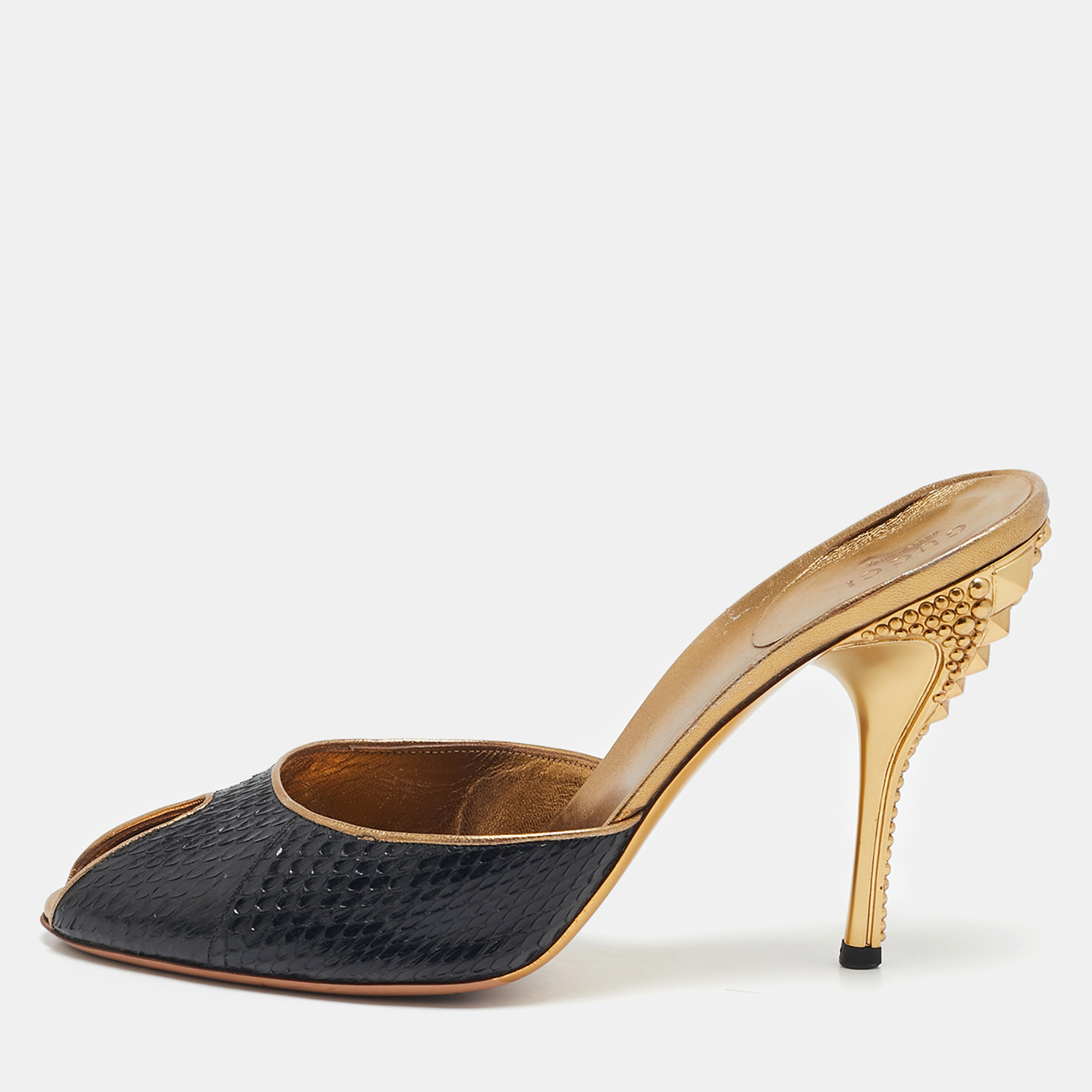 

Gucci Black/Gold Snakeskin and Leather Slide Sandals Size