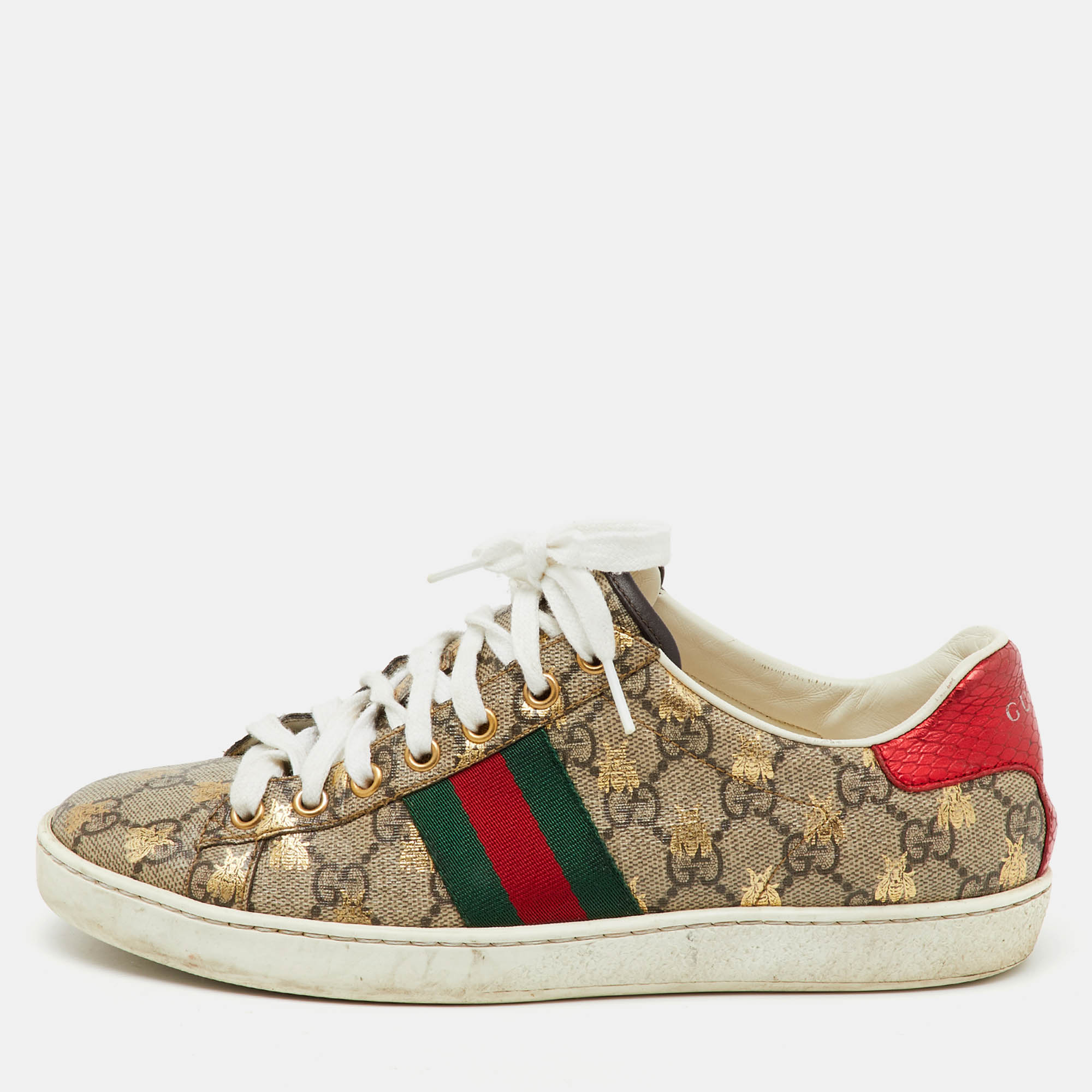 

Gucci Beige/Brown GG Supreme Canvas Bee Web Ace Sneakers Size