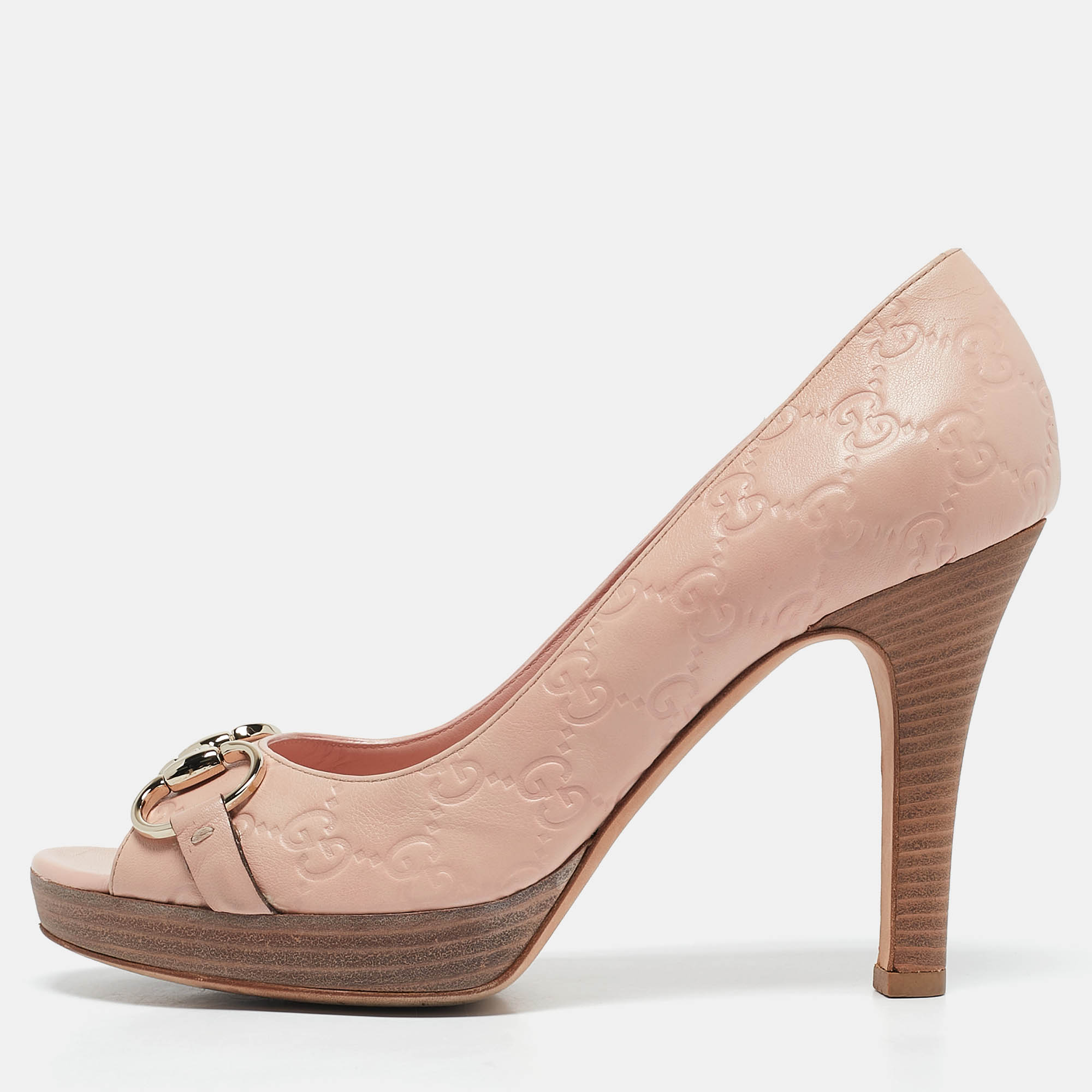 

Gucci Pink Guccissima Leather Horsebit Peep Toe Pumps Size