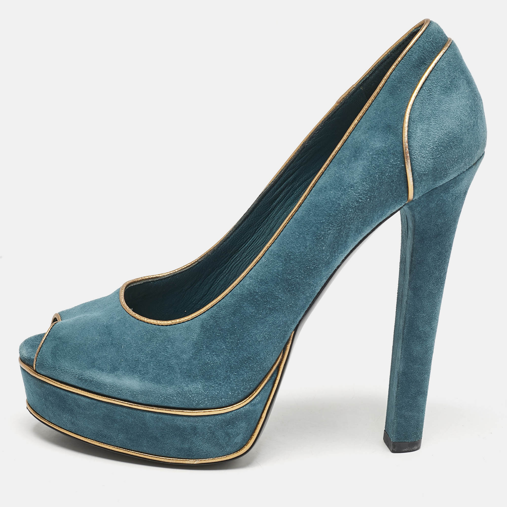

Gucci BlueGold Leather and Suede Peep Toe Pumps Size, Blue