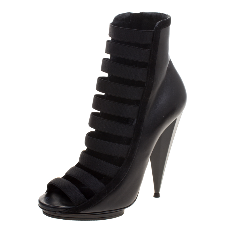 Pre Owned Gucci Black Leather Olimpia Strappy Booties Size 39.5