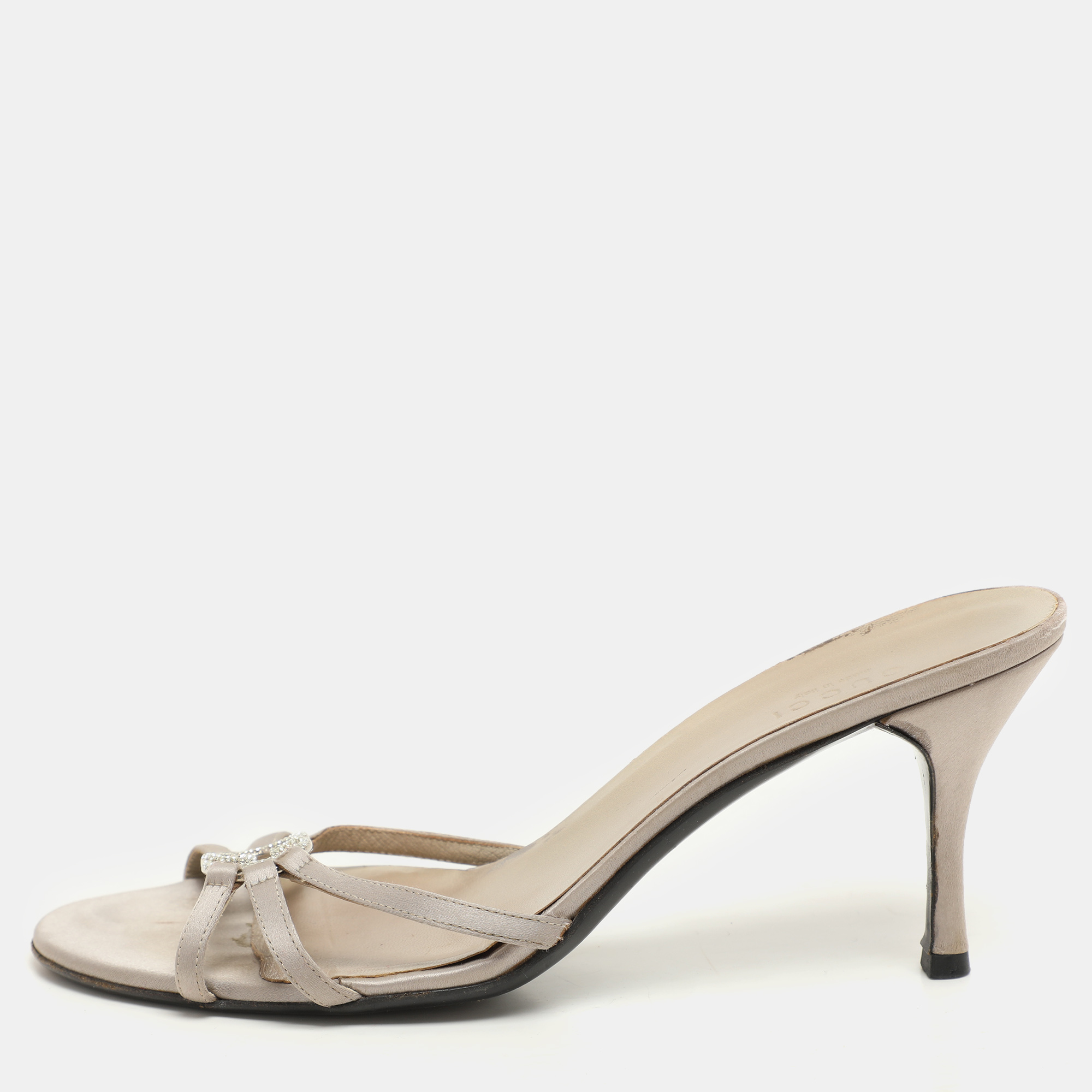 

Gucci Grey Satin Embellished GG Slide Sandals Size
