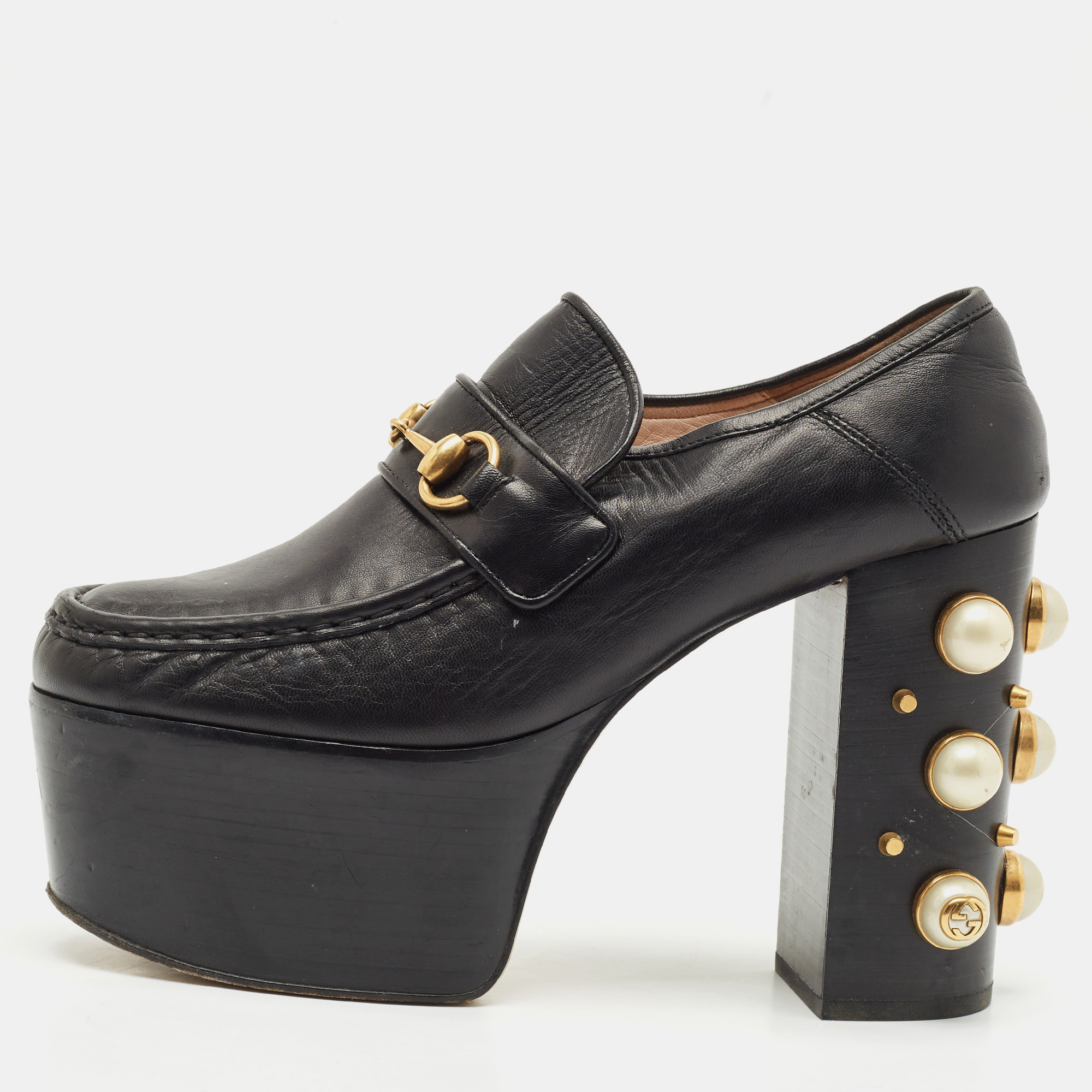 

Gucci Black Leather Pearl Studded Vegas Platform Loafer Pumps Size