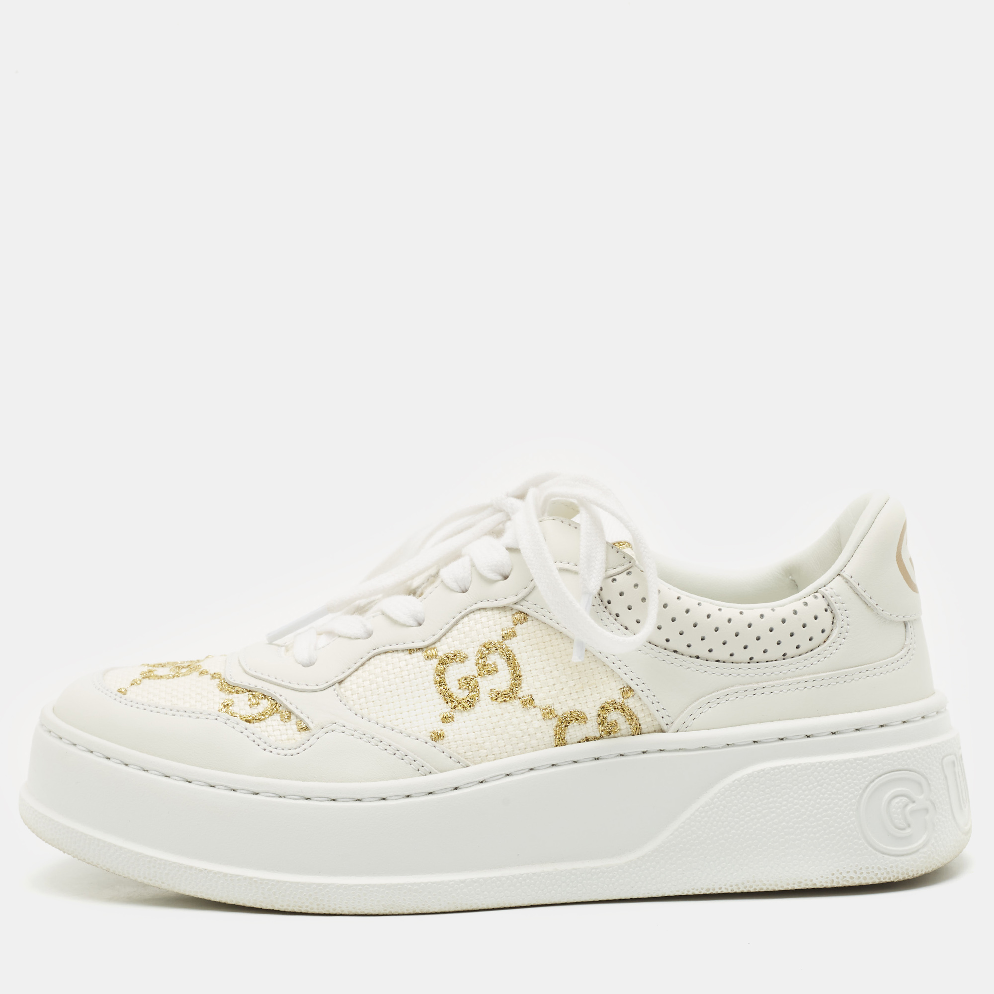 

Gucci White Leather Gold Lame GG Platform Sneakers Size