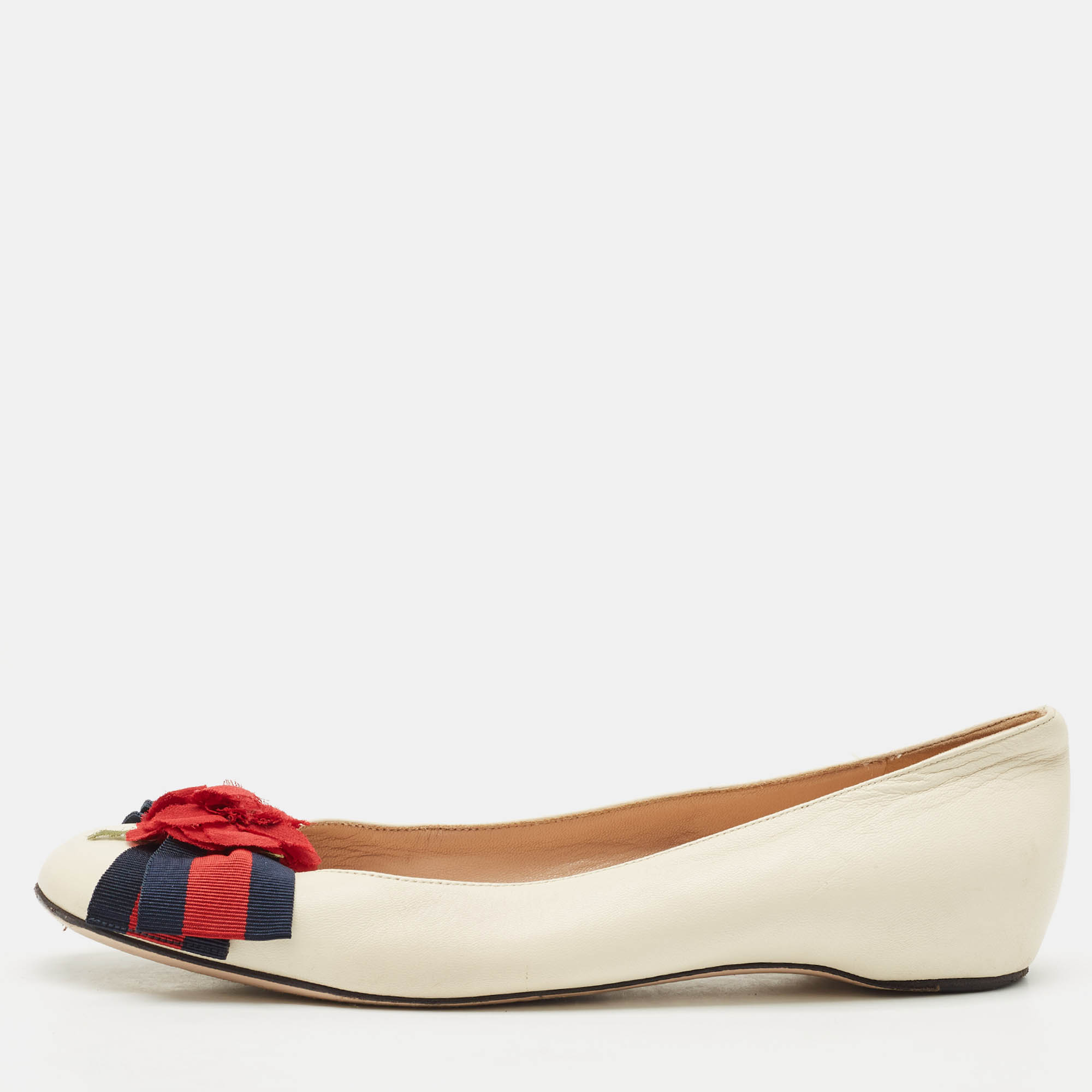 

Gucci Cream Leather Web Bow Rose Detail Ballet Flats Size