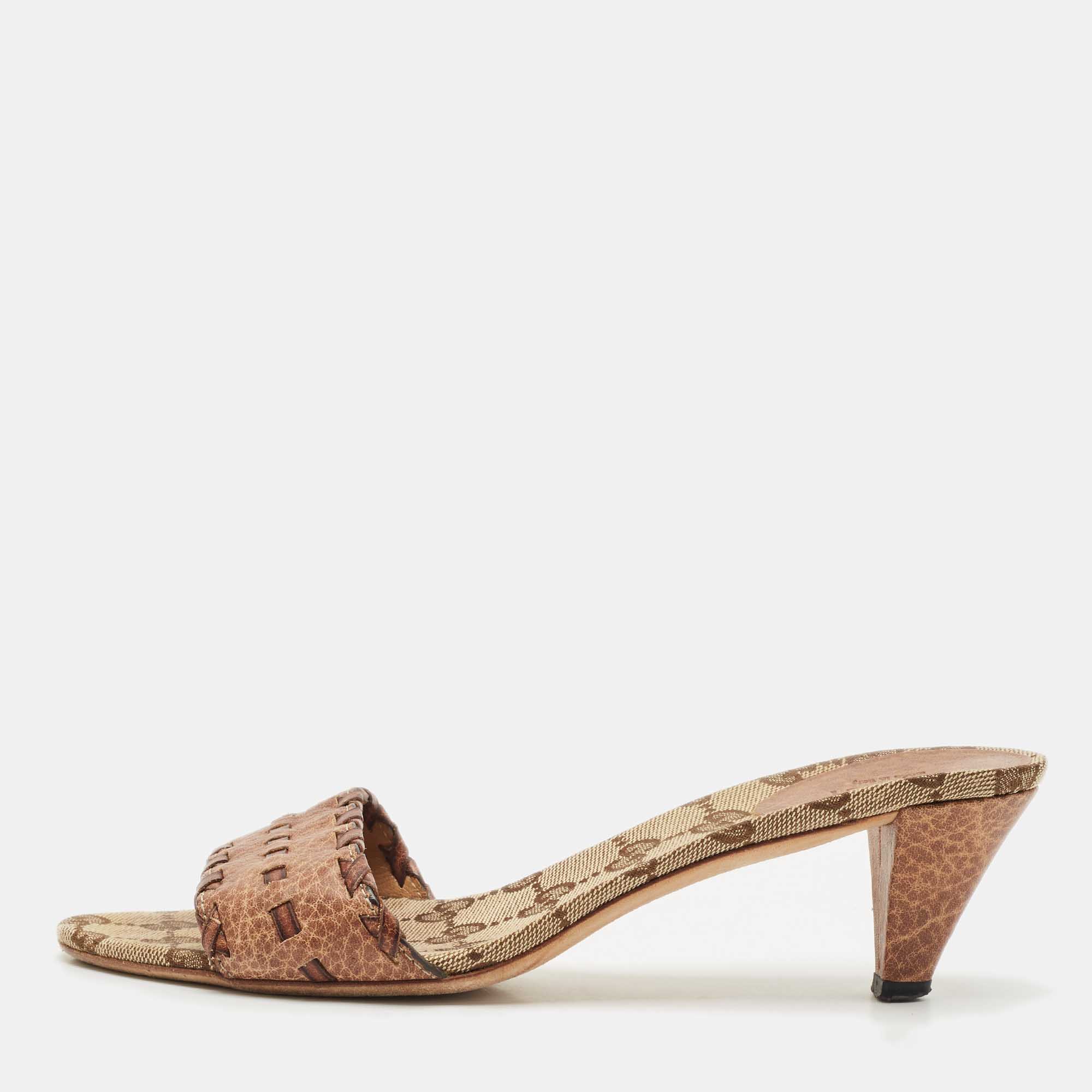 

Gucci Brown Leather and GG Canvas Slide Sandals Size