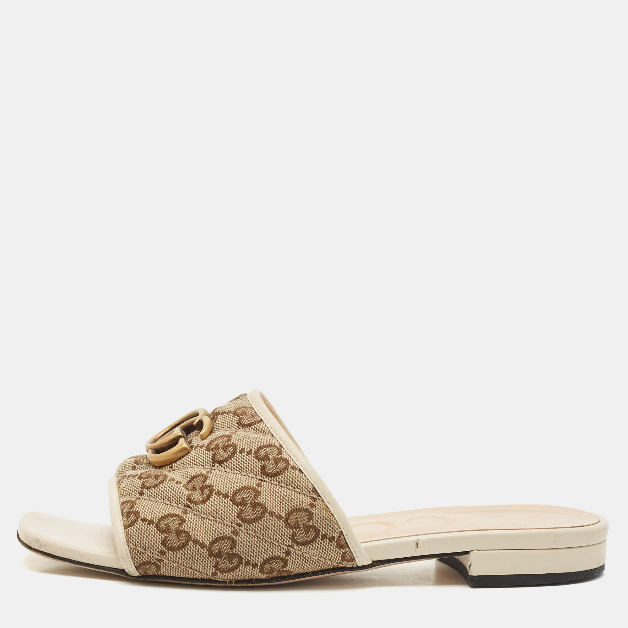 

Gucci Beige/Cream GG Canvas and Leather GG Marmont Flat Slides Size