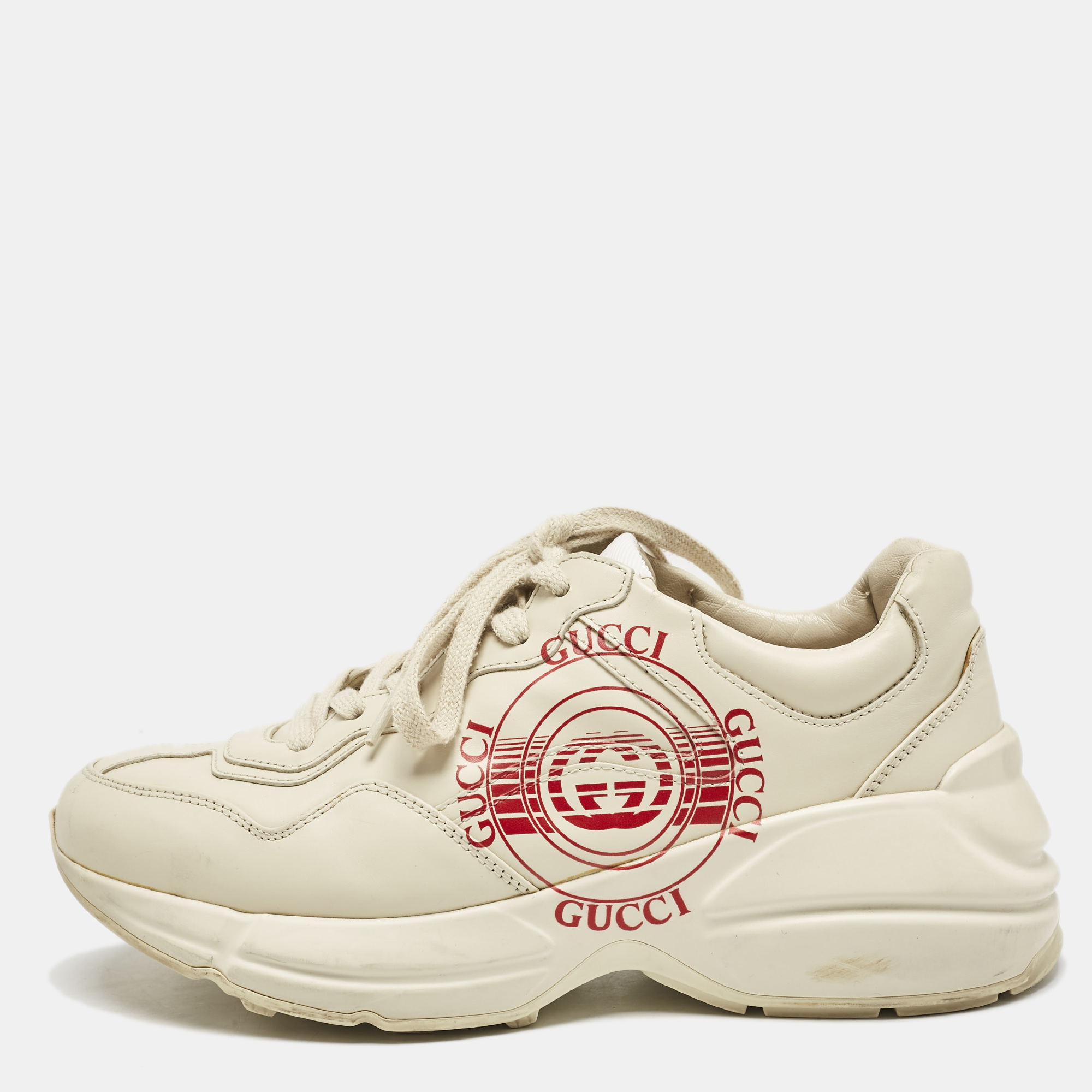 

Gucci Cream Leather Disk Print Rhyton Sneakers Size