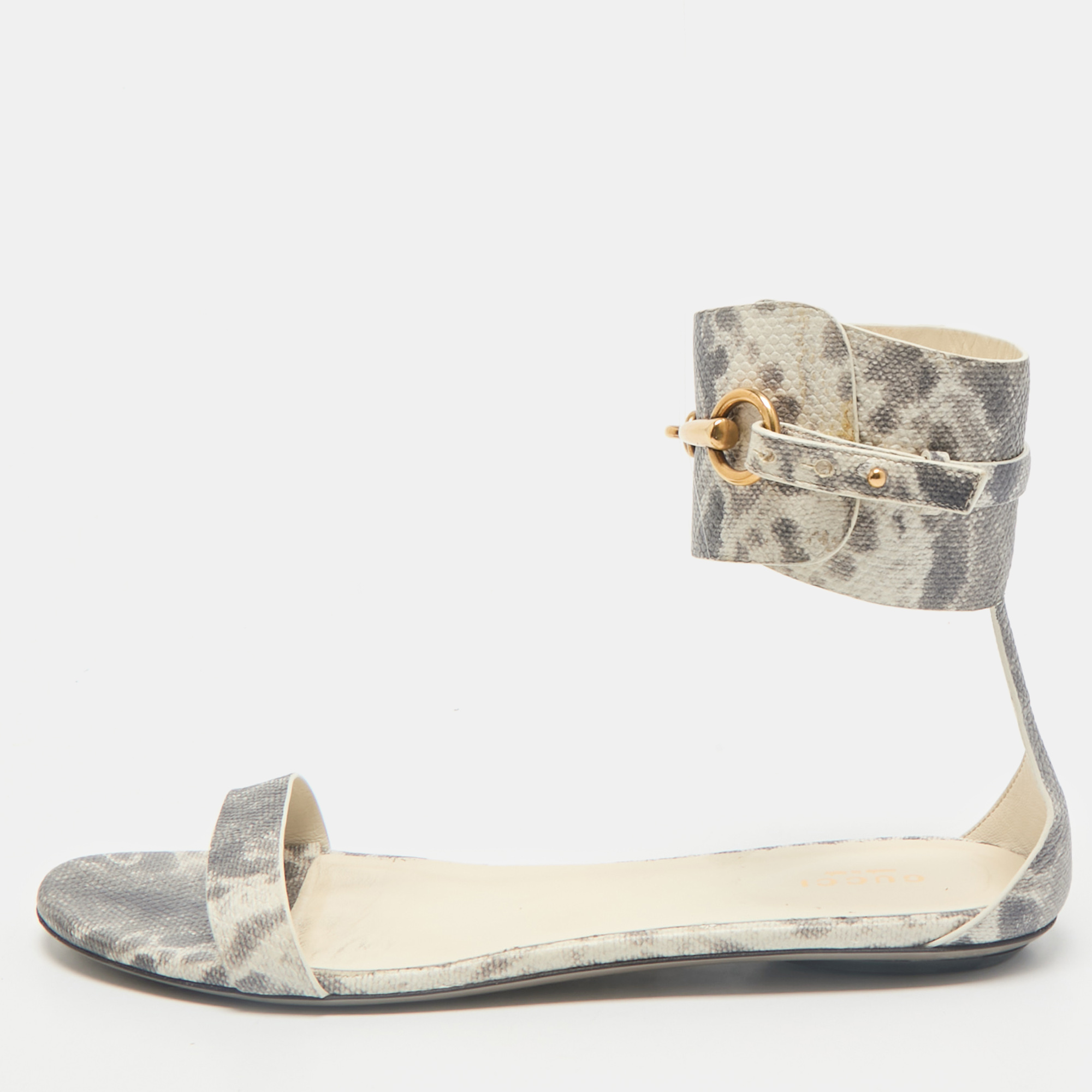 

Gucci Grey Python Embossed Leather Horsebit Flat Sandals Size