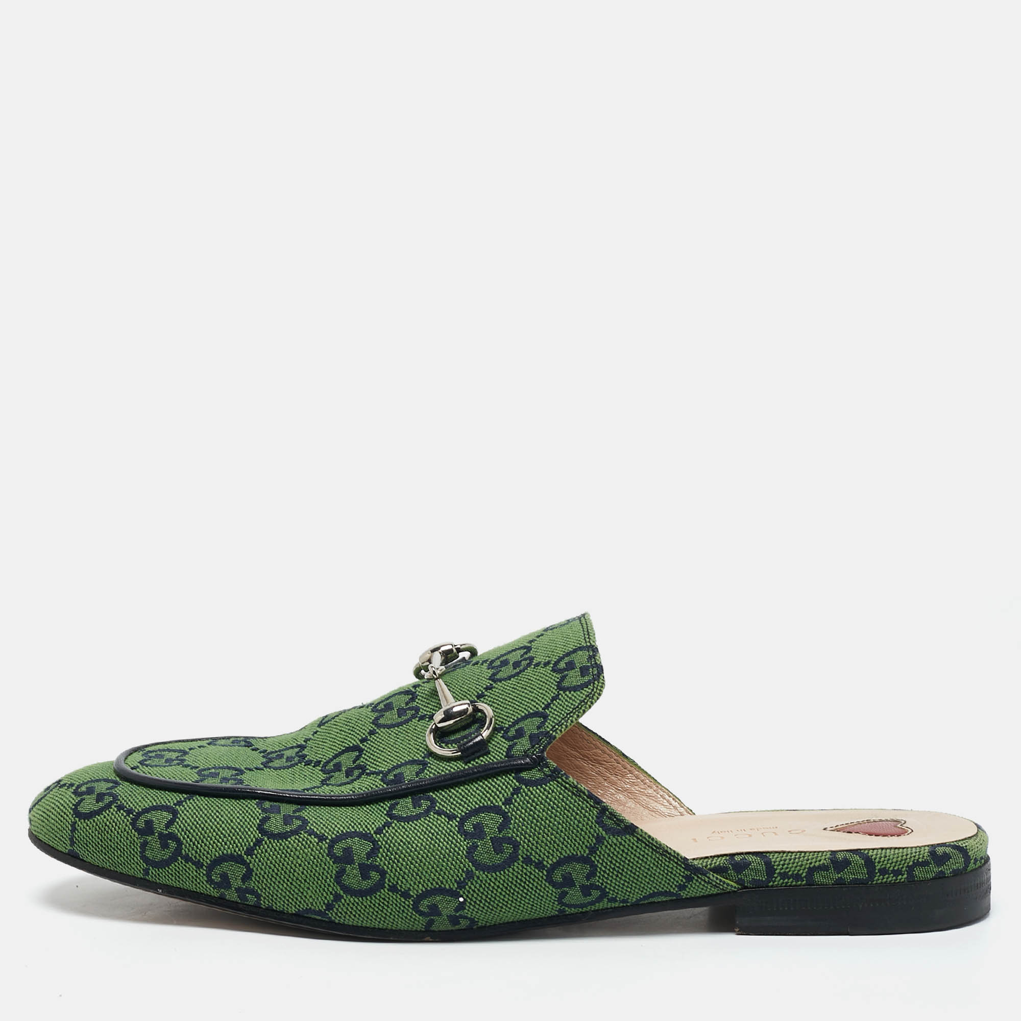 Pre-owned Gucci Green/navy Blue Gg Canvas Princetown Horsebit Flat Mules Size 38