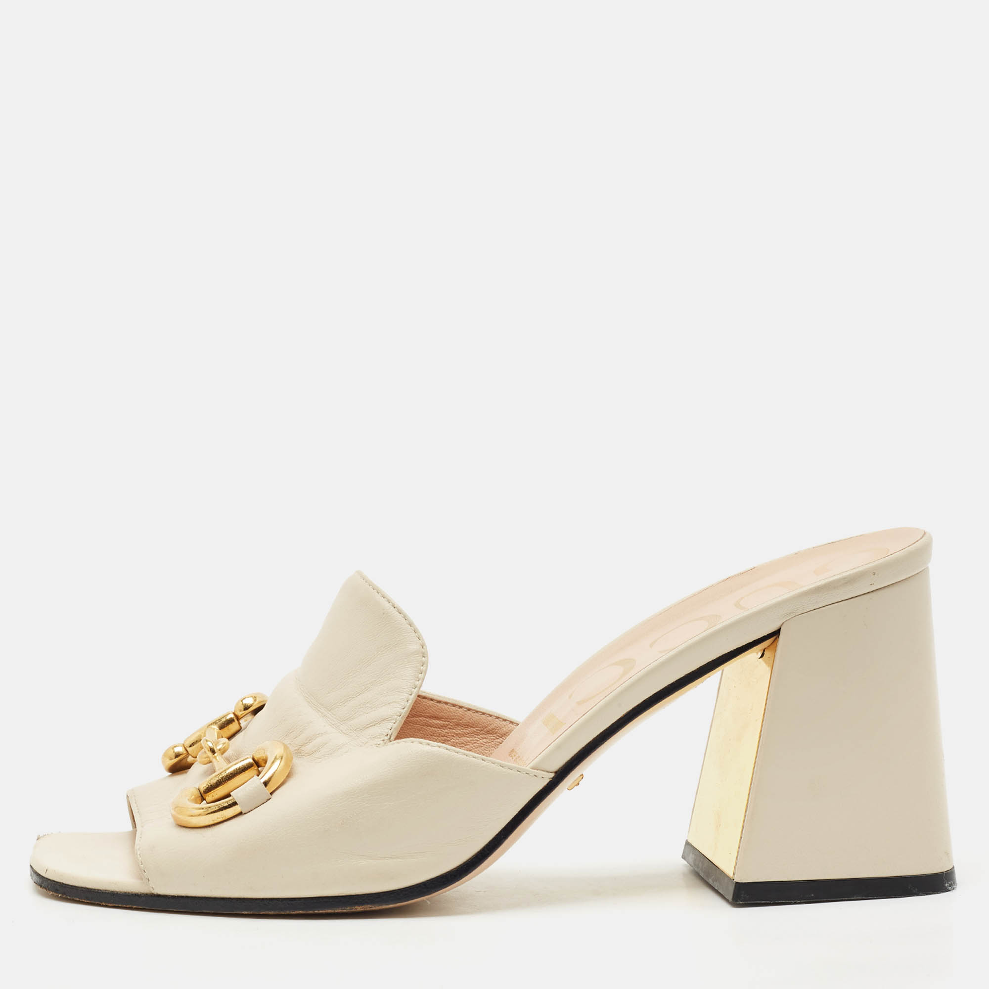 

Gucci Off White Leather Horsebit Block Heel Slide Sandals Size