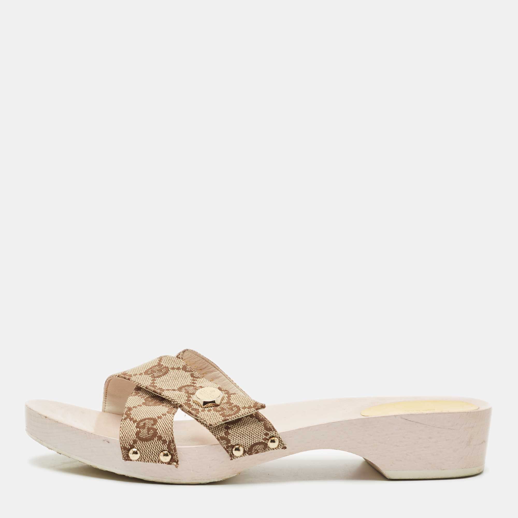 

Gucci Beige GG Canvas Wooden Slide Sandals Size