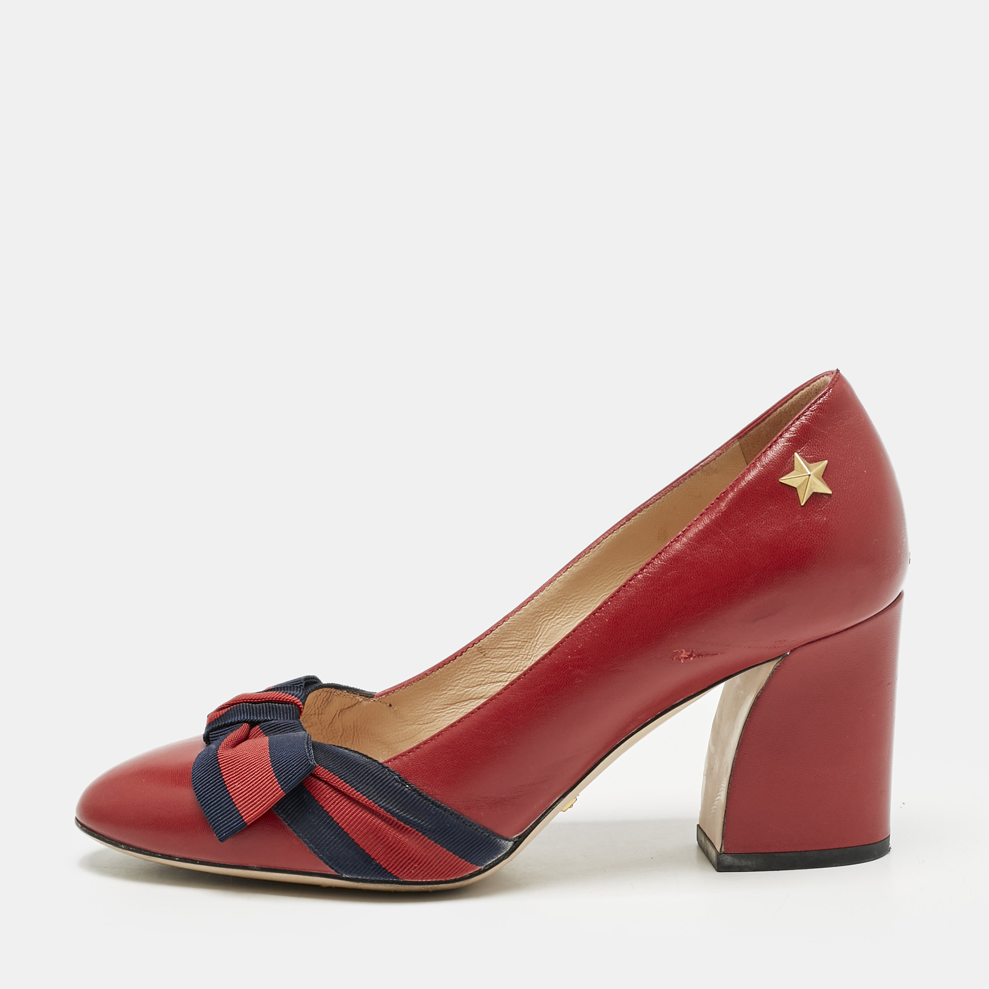 

Gucci Red Leather Web Bow Block Heel Pumps Size