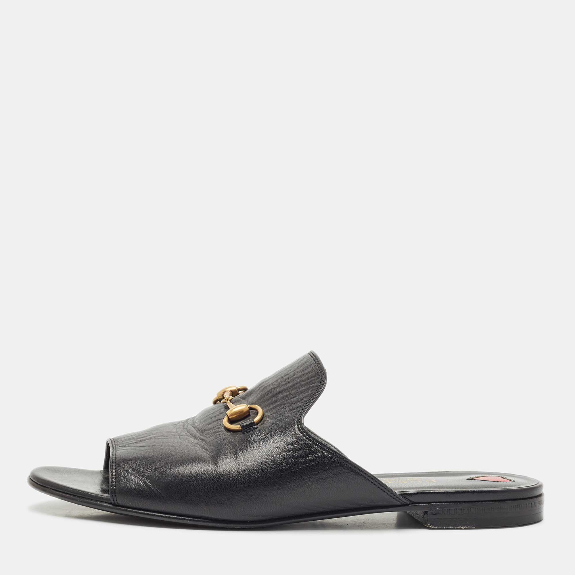 

Gucci Black Leather Princetown Horsebit Flat Slide Sandals Size