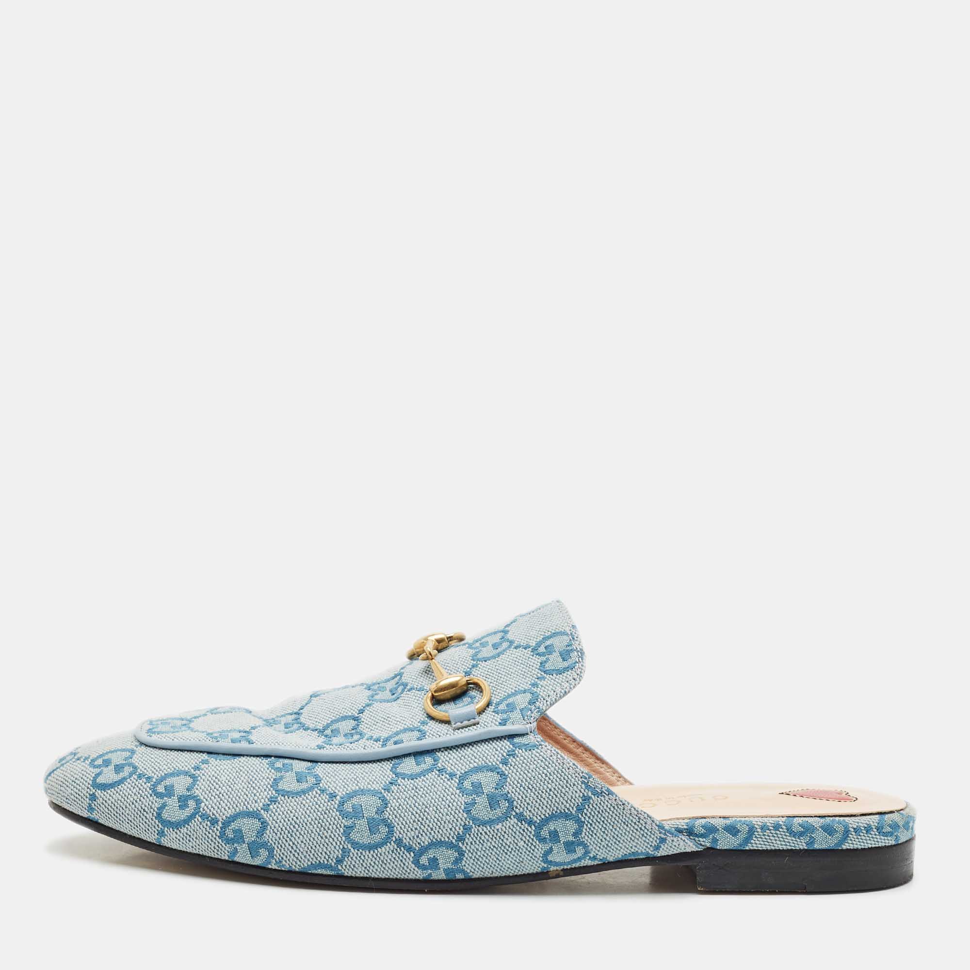 

Gucci Blue GG Canvas Princetown Horsebit Flat Mules Size
