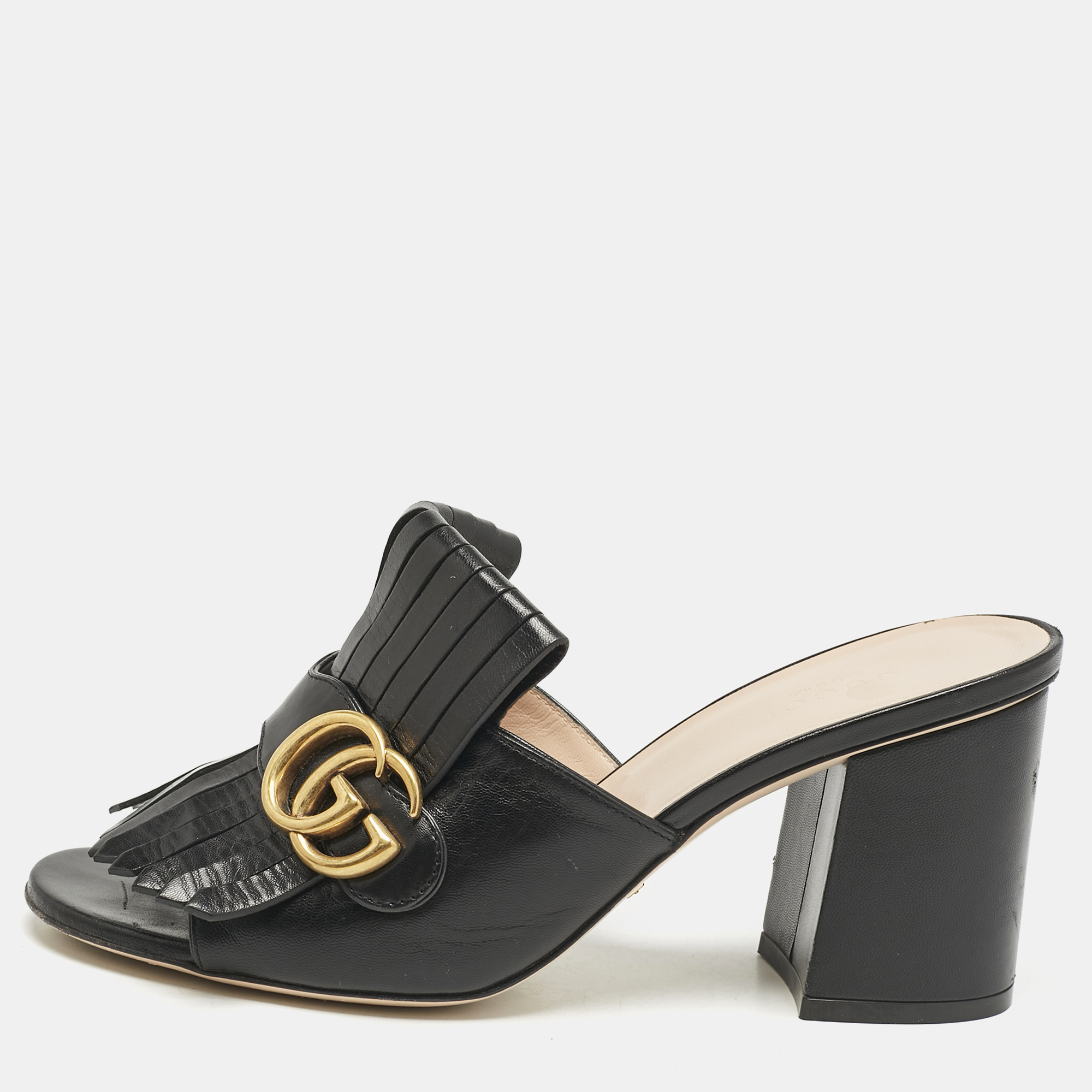 

Gucci Black Leather GG Marmont Fringe Slide Sandals Size