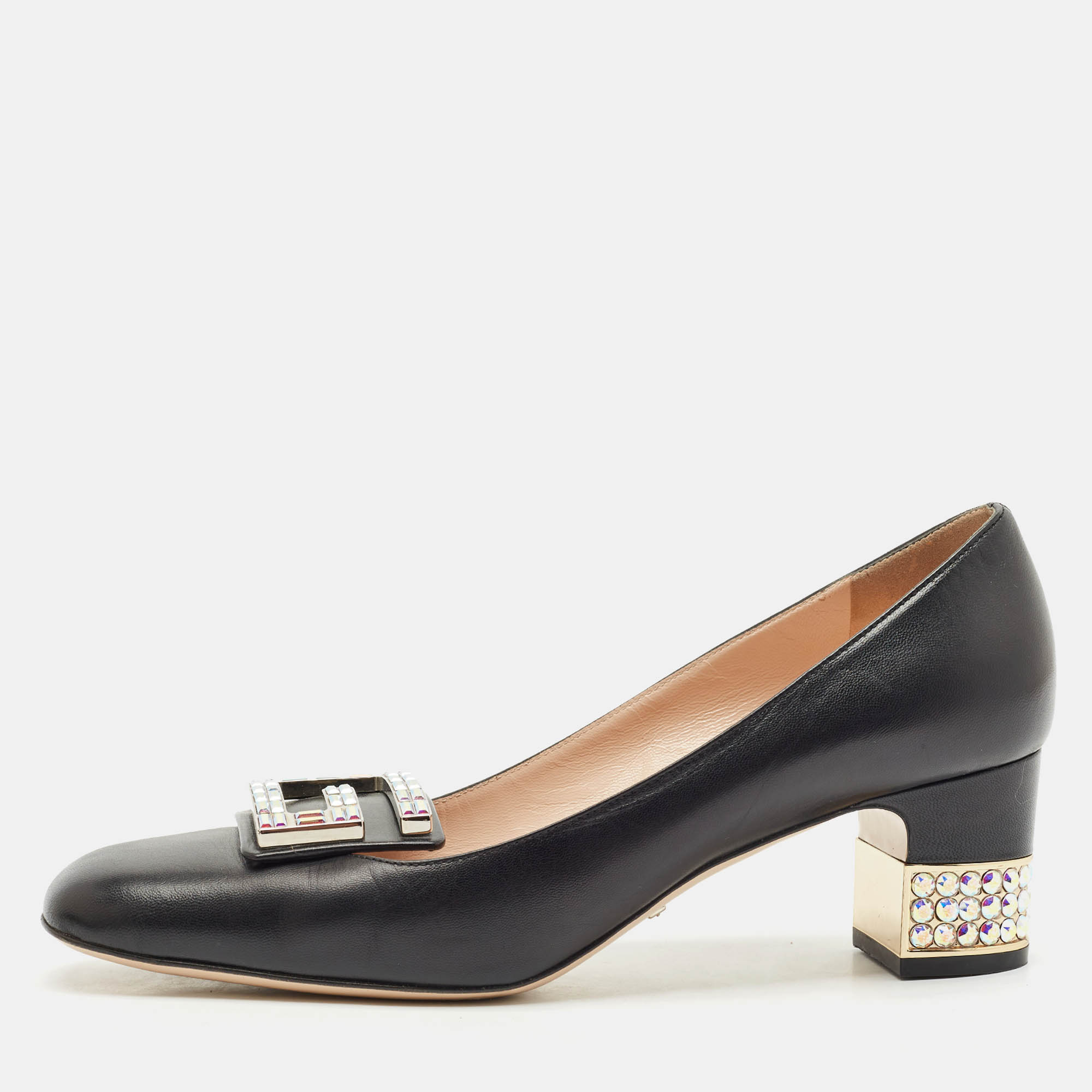 

Gucci Black Leather G Crystals Buckle Pumps Size