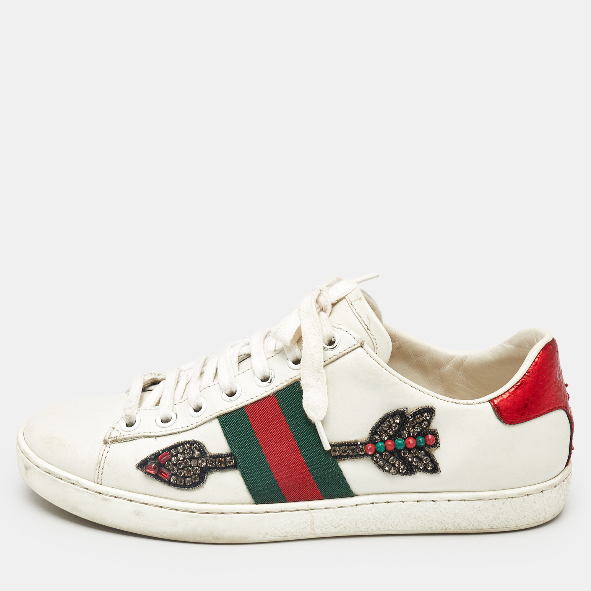 

Gucci White Leather Ace Arrow Applique Low Top Sneakers Size